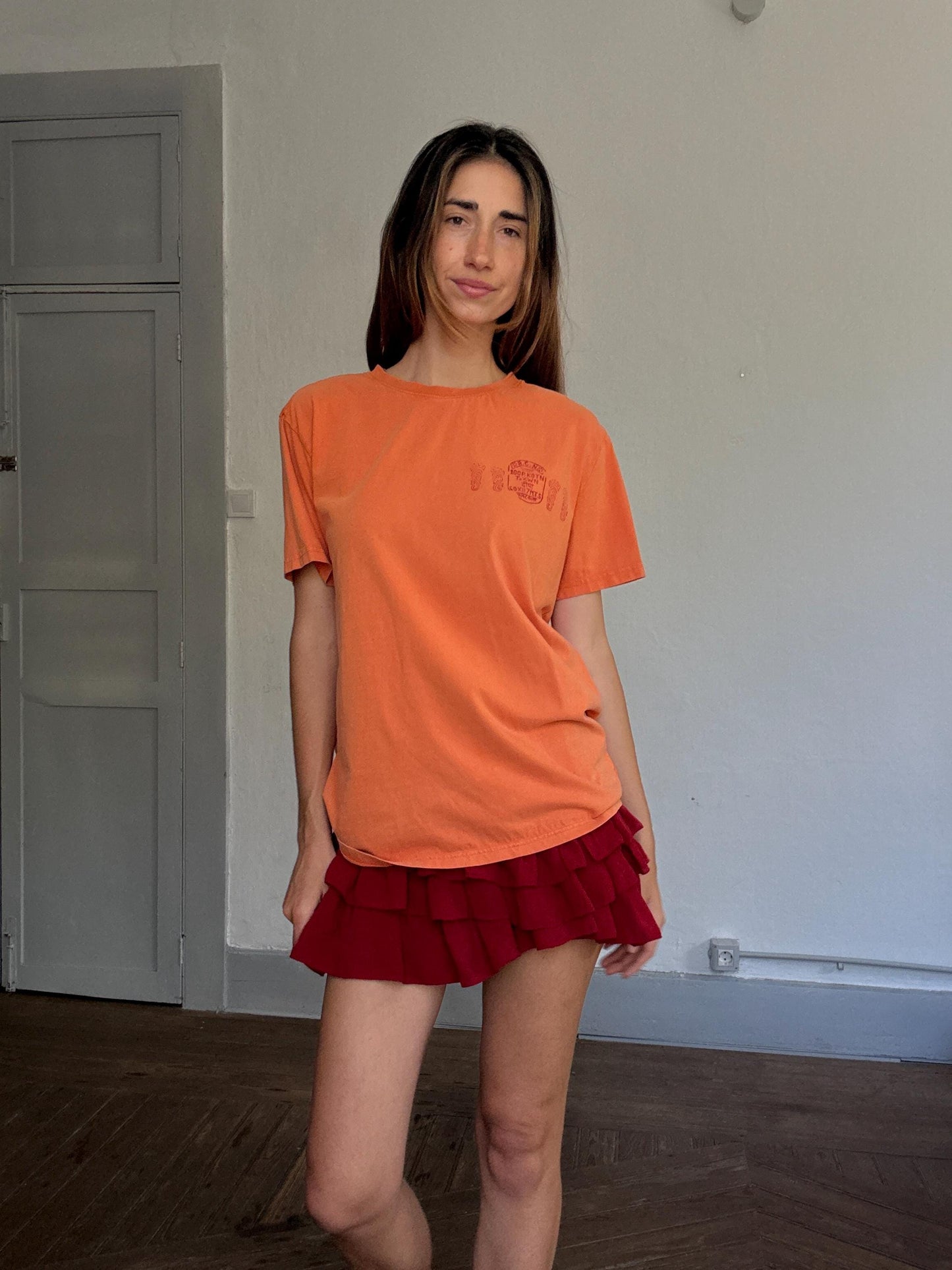 Desigual orange cotton t-shirt – “Free Life” bold back print, lizard graphic, retro 90s style tee with front logo, size M