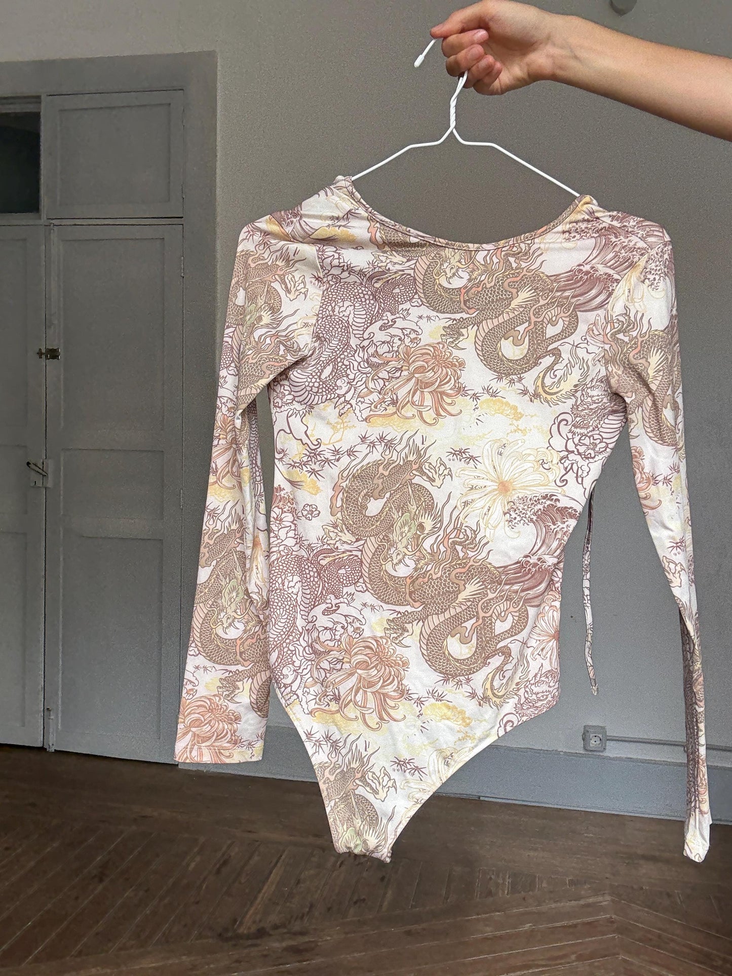 Y2K mesh bodysuit with dragon print – sheer long sleeves, 2000s aesthetic, festival-ready fantasy layer, Size M