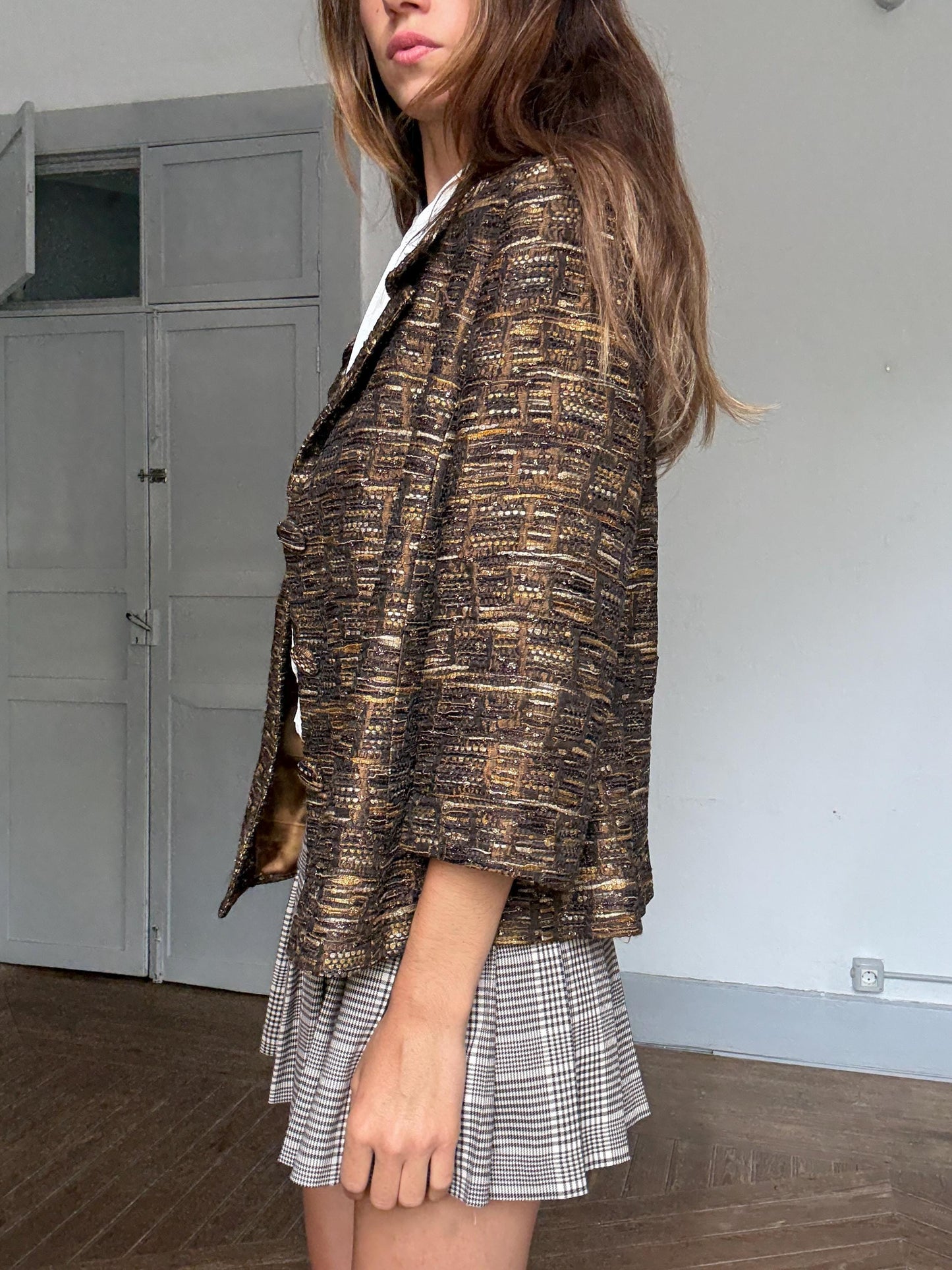 Vintage gold brown oversized blazer retro glam layering jacket, Size M - L