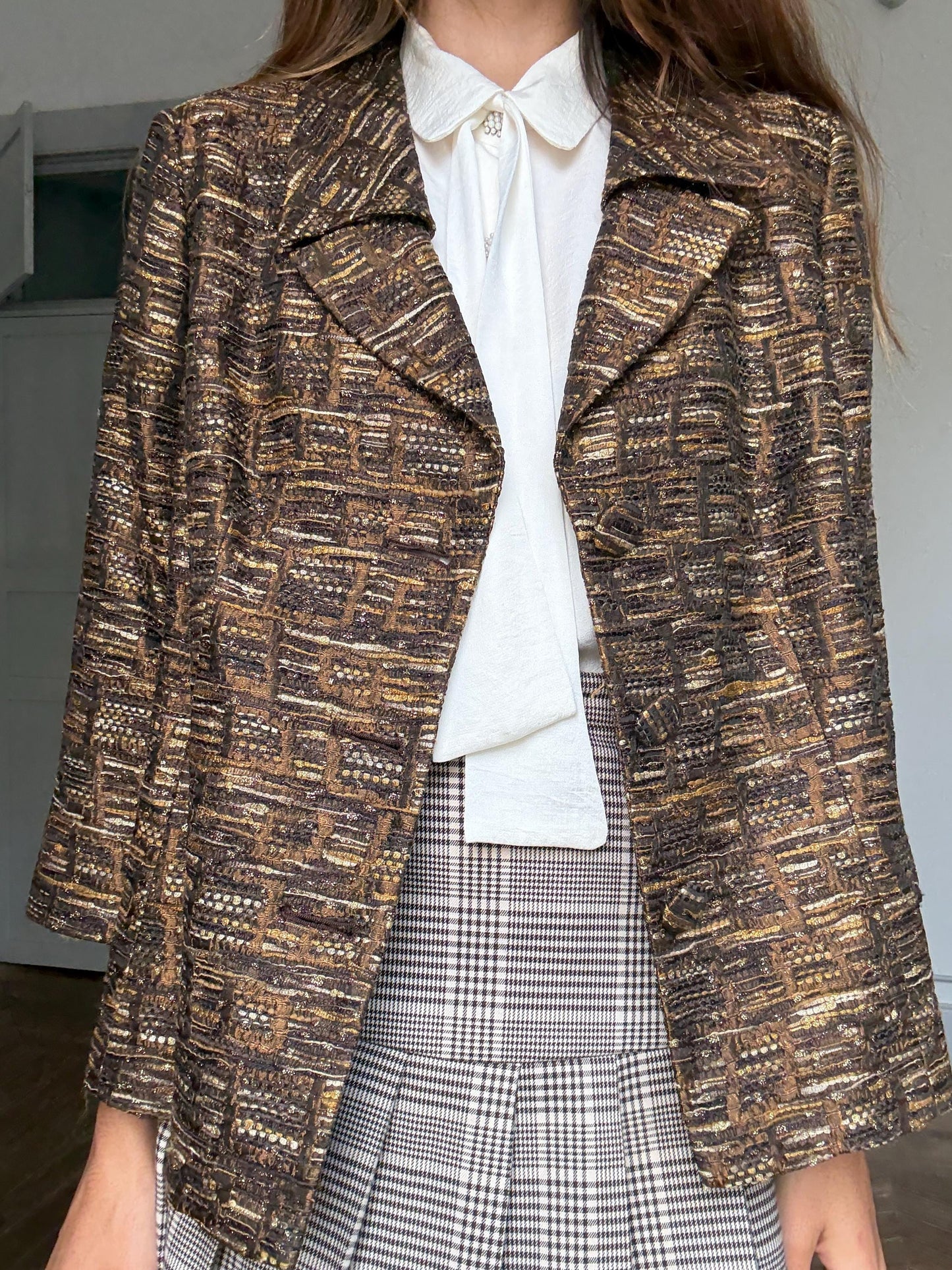 Vintage gold brown oversized blazer retro glam layering jacket, Size M - L
