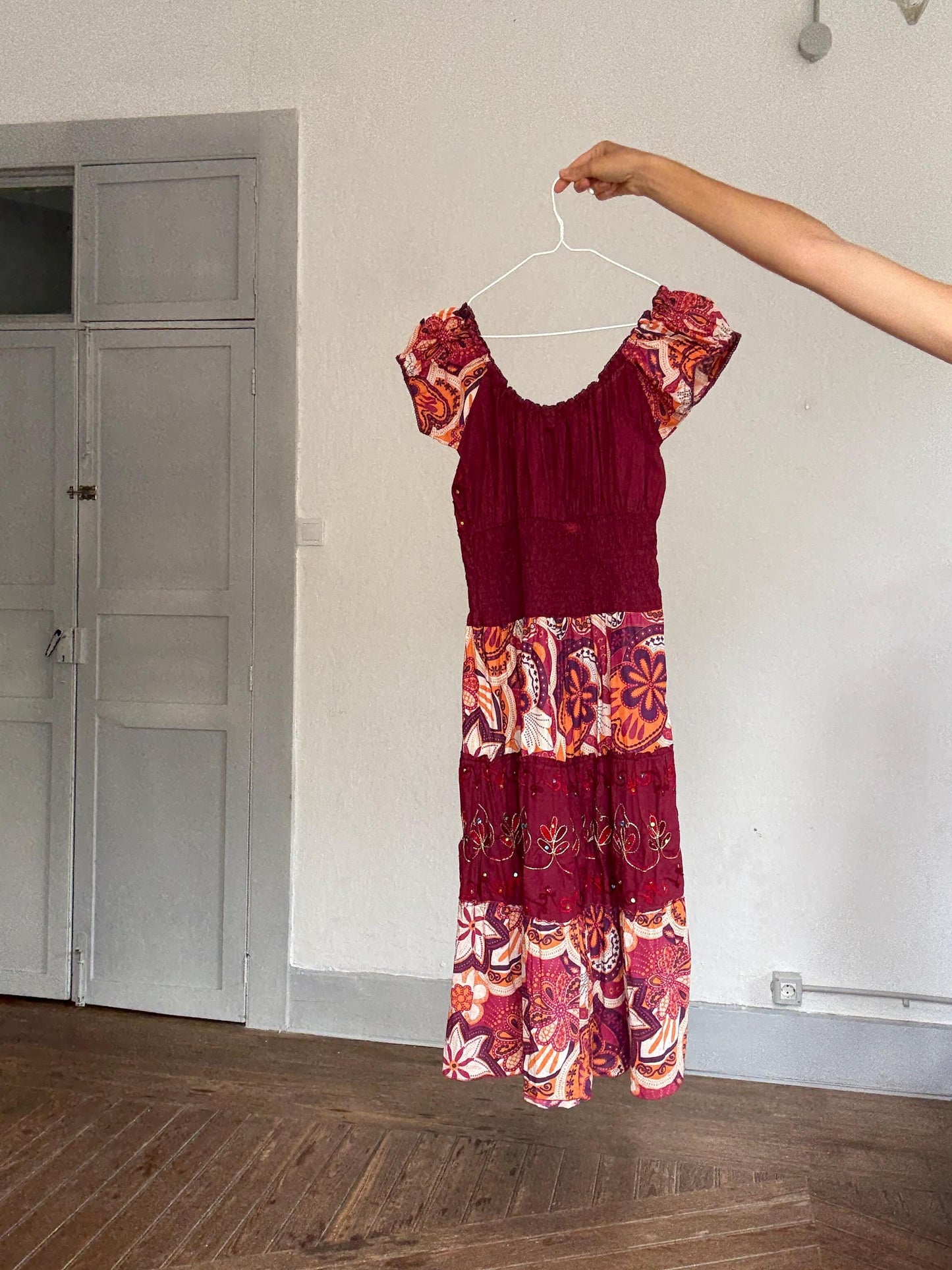 Boho festival midi dress, Coachella-worthy folk fit | Lana Del Rey off shoulder fairycore look, Size L