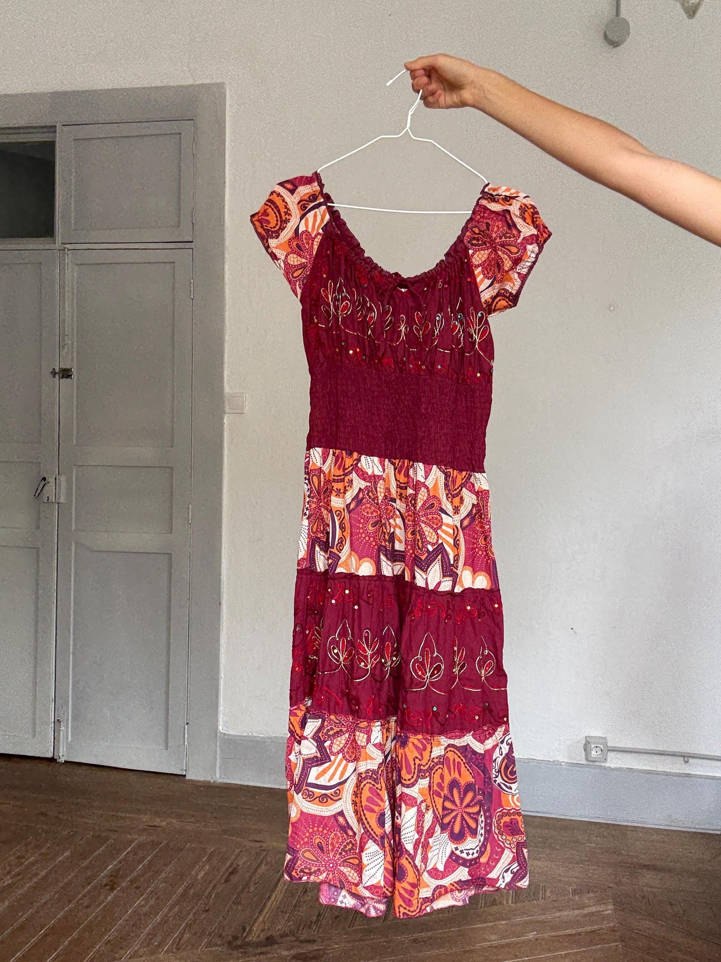 Boho festival midi dress, Coachella-worthy folk fit | Lana Del Rey off shoulder fairycore look, Size L