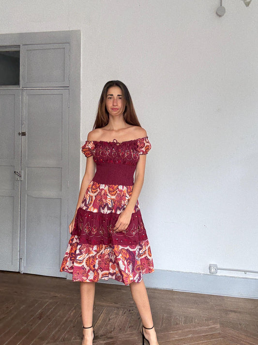 Boho festival midi dress, Coachella-worthy folk fit | Lana Del Rey off shoulder fairycore look, Size L