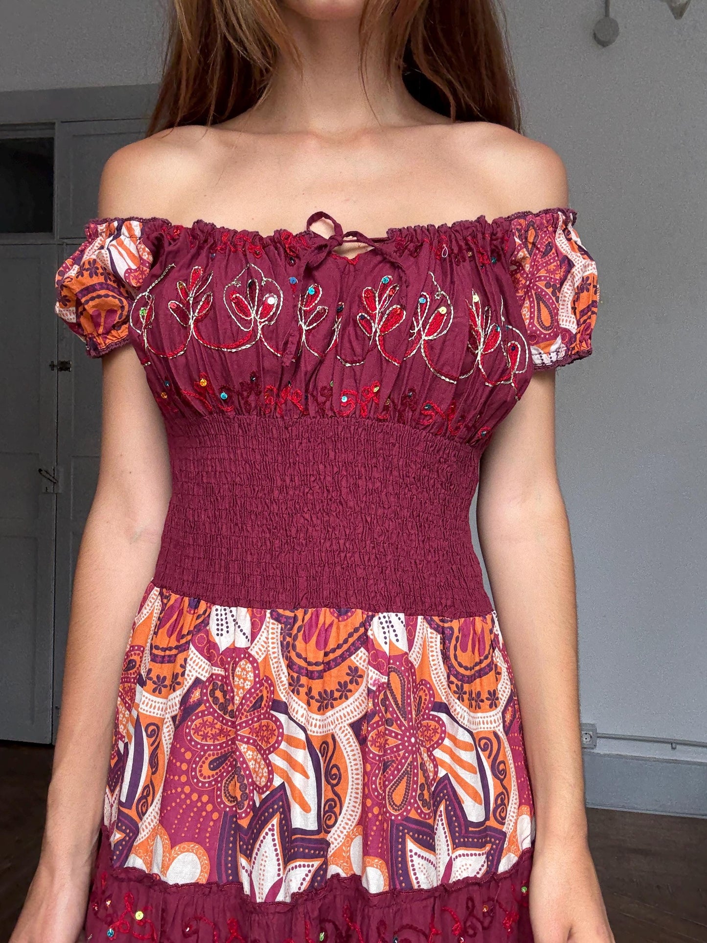 Boho festival midi dress, Coachella-worthy folk fit | Lana Del Rey off shoulder fairycore look, Size L