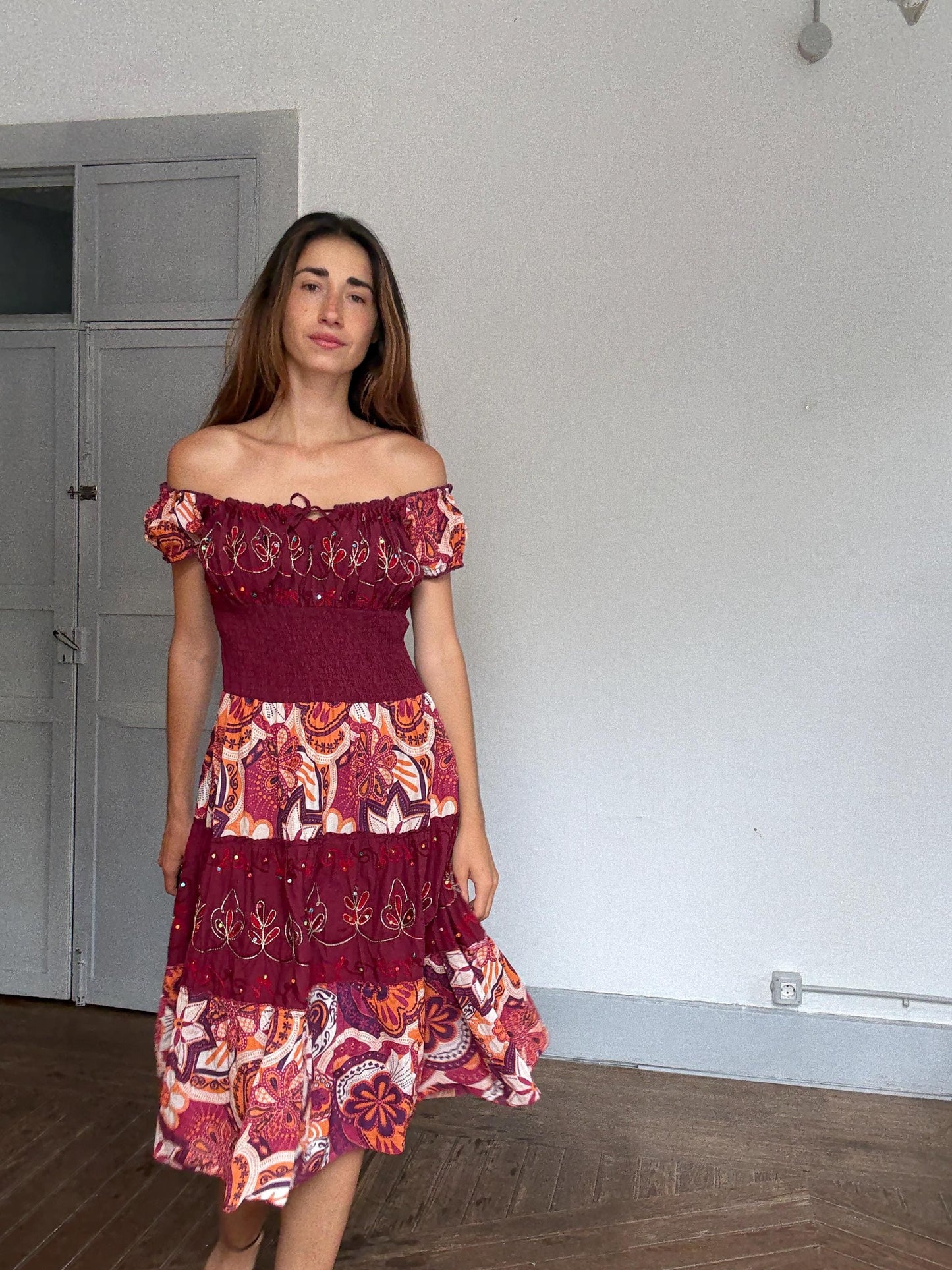 Boho festival midi dress, Coachella-worthy folk fit | Lana Del Rey off shoulder fairycore look, Size L
