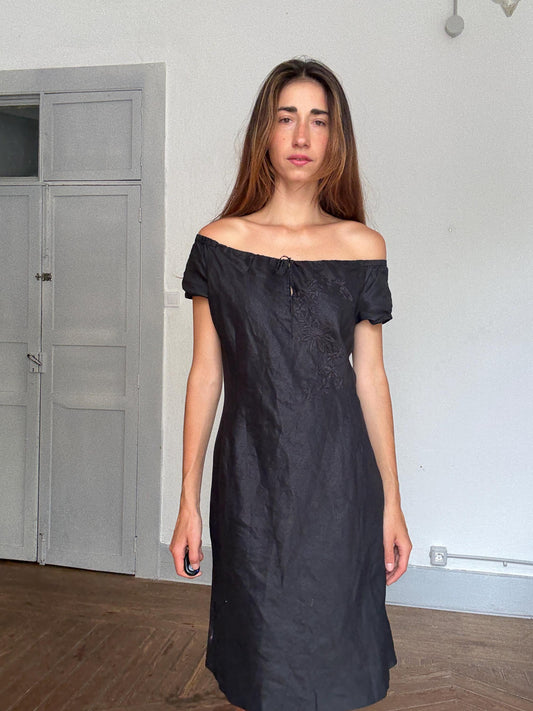 Black Floral Off-Shoulder Dress – United Colors of Benetton Style – Soft Synthetic Fabric – Size S by Measurements