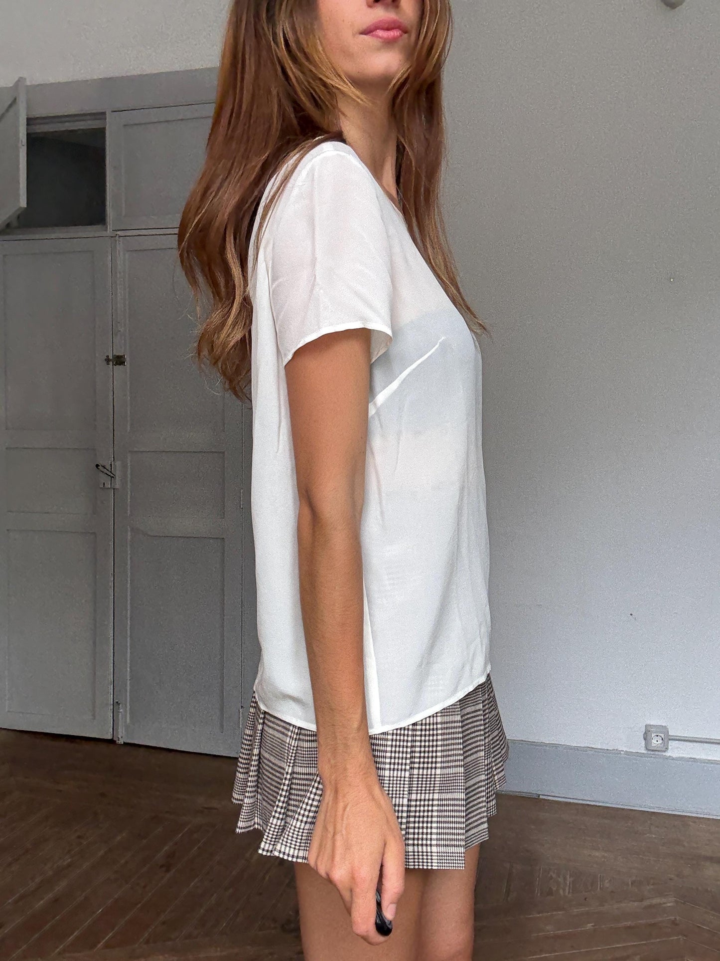 Minimalist white silk summer blouse – elegant sheer flowy top in US 10, breathable luxury for elevated warm weather looks