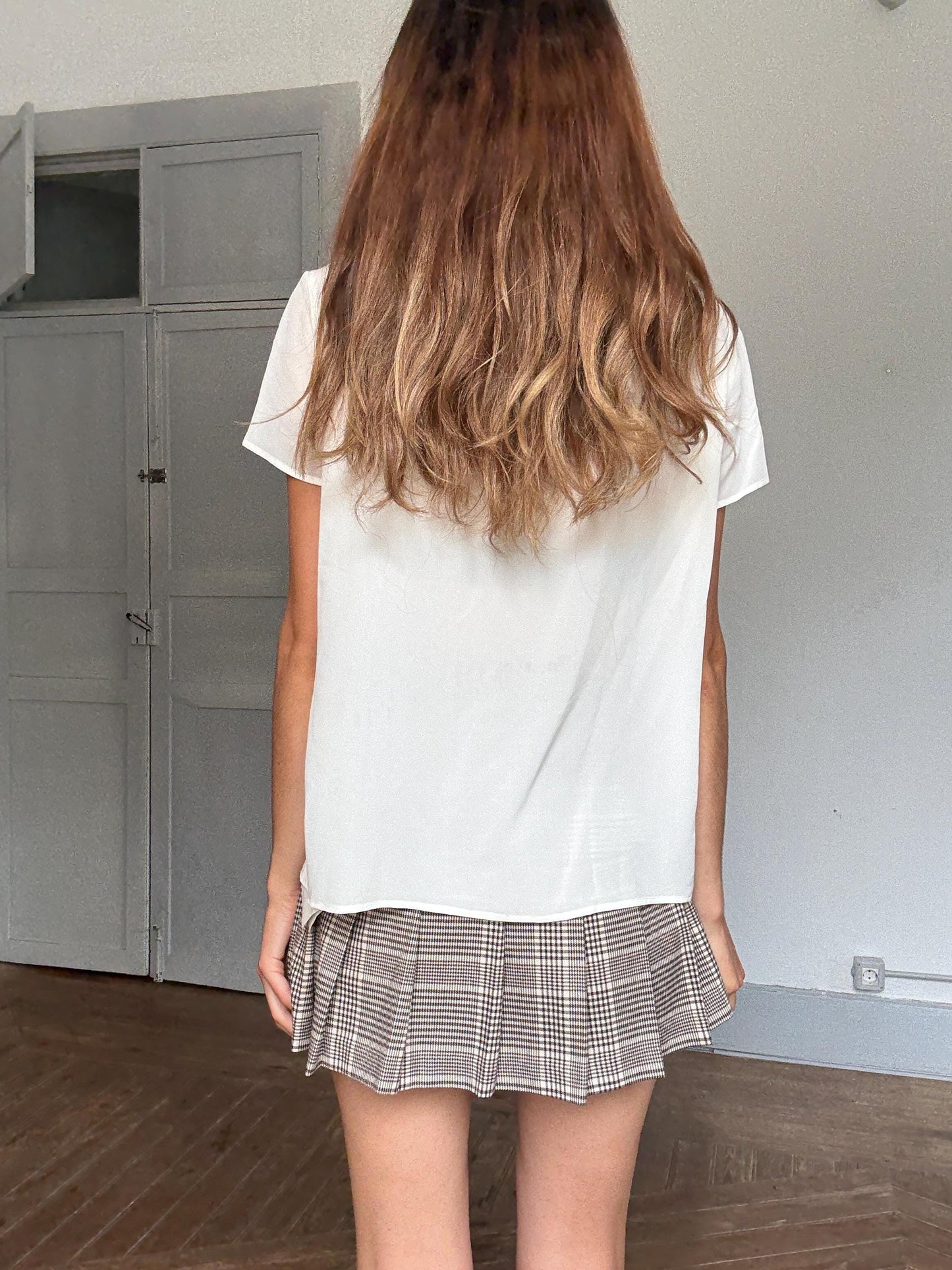 Minimalist white silk summer blouse – elegant sheer flowy top in US 10, breathable luxury for elevated warm weather looks