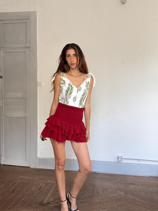 Tropical palm leaf print white cotton bodysuit – adjustable tie straps, scoop back, button crotch, breathable summer essential