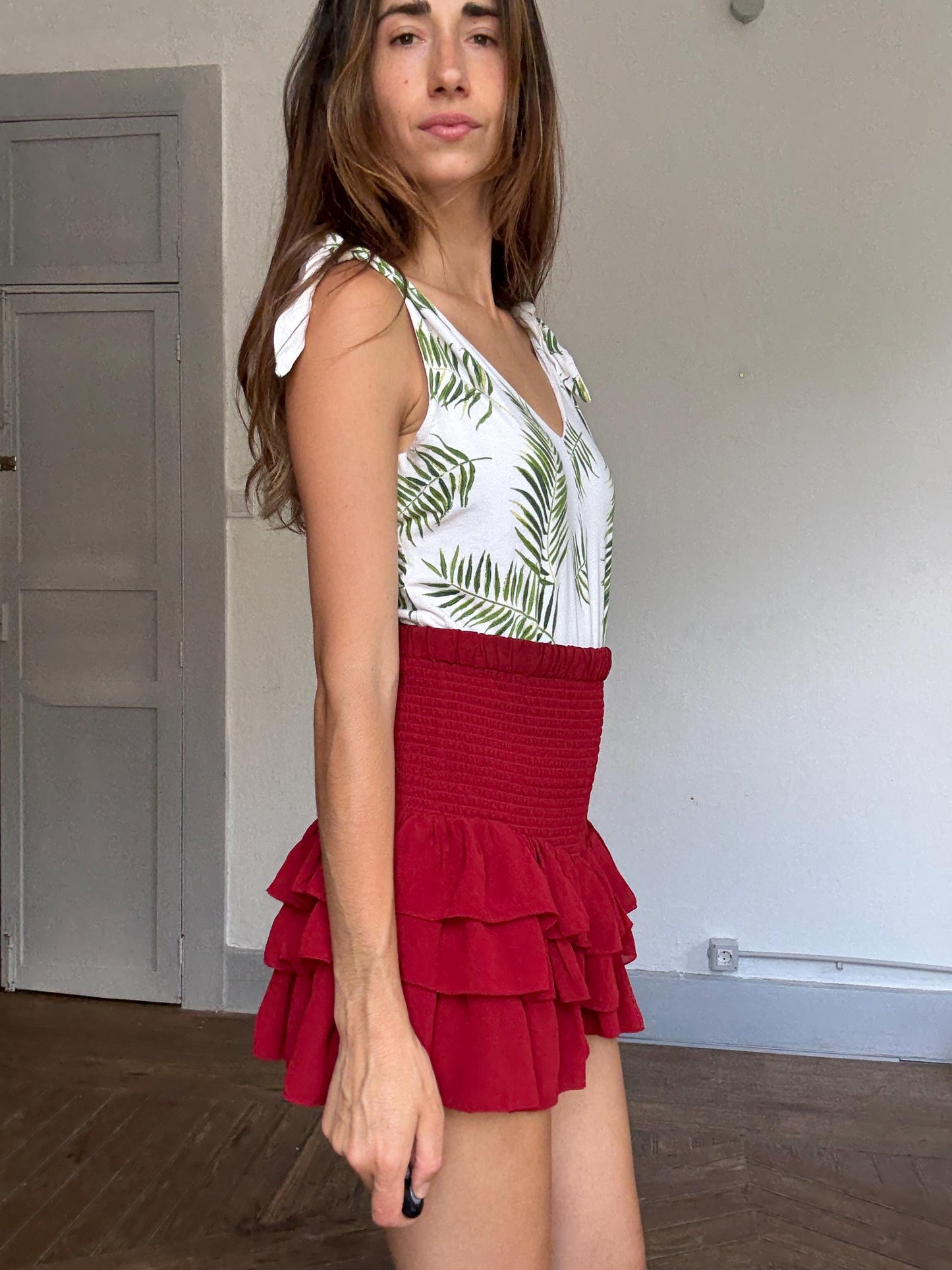 Tropical palm leaf print white cotton bodysuit – adjustable tie straps, scoop back, button crotch, breathable summer essential