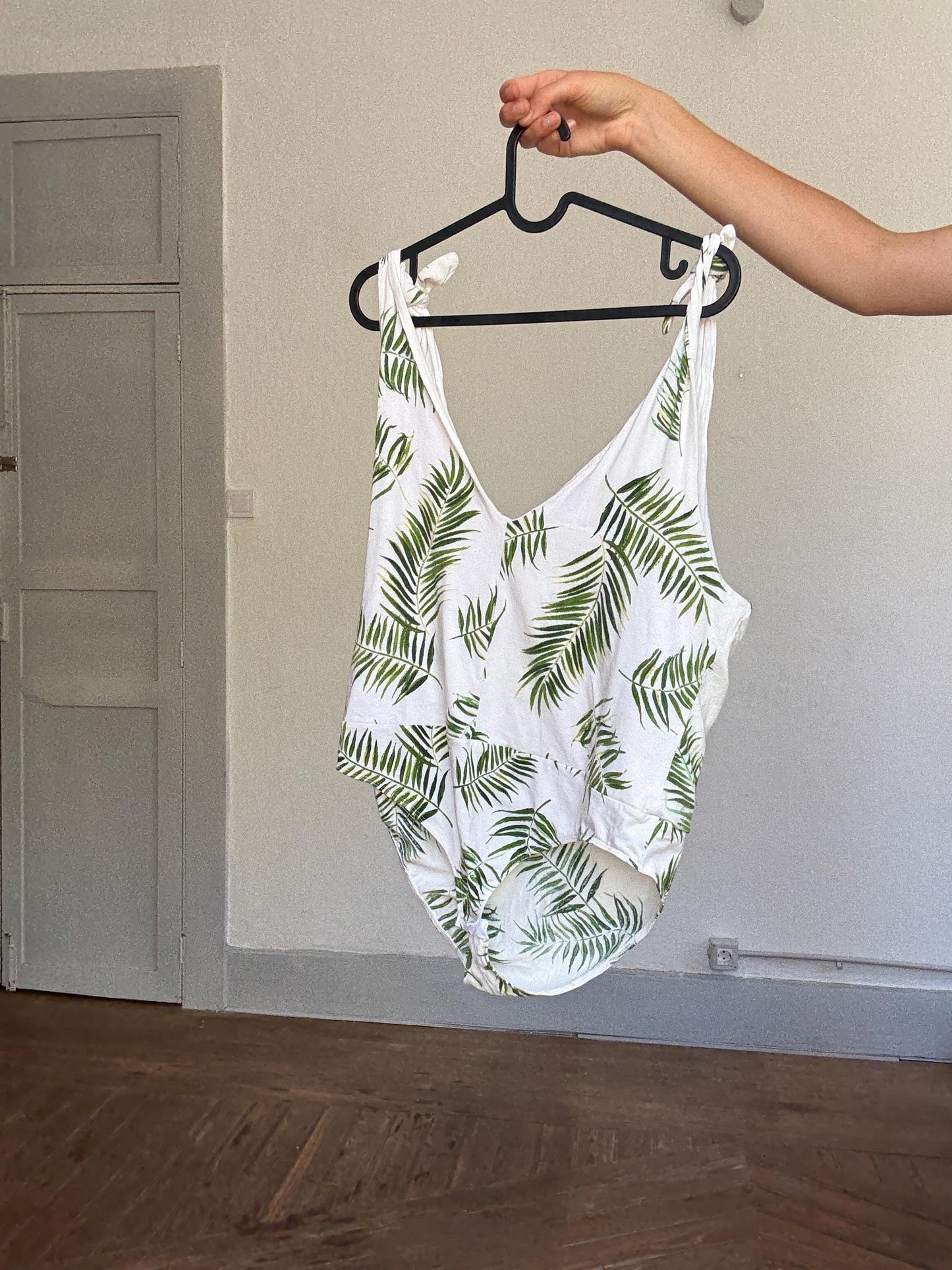 Tropical palm leaf print white cotton bodysuit – adjustable tie straps, scoop back, button crotch, breathable summer essential