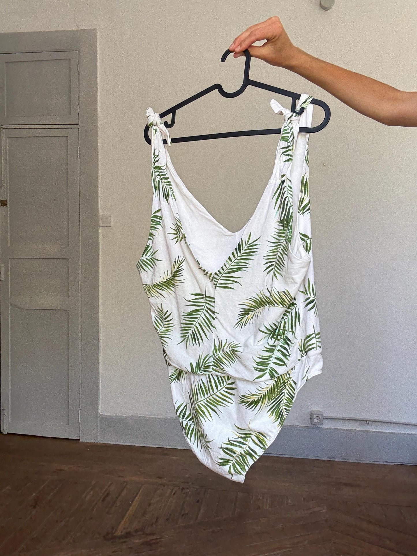 Tropical palm leaf print white cotton bodysuit – adjustable tie straps, scoop back, button crotch, breathable summer essential