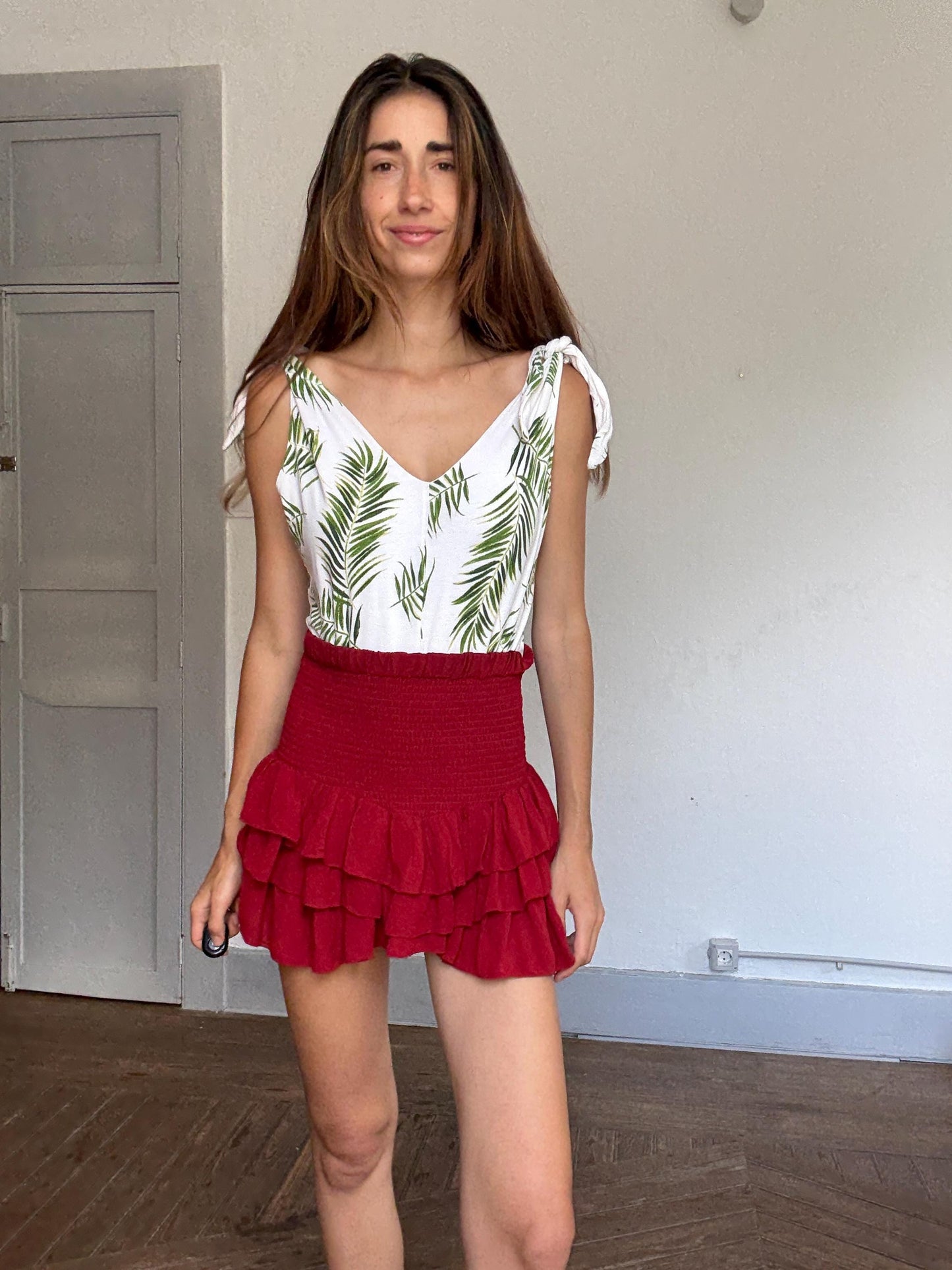 Tropical palm leaf print white cotton bodysuit – adjustable tie straps, scoop back, button crotch, breathable summer essential