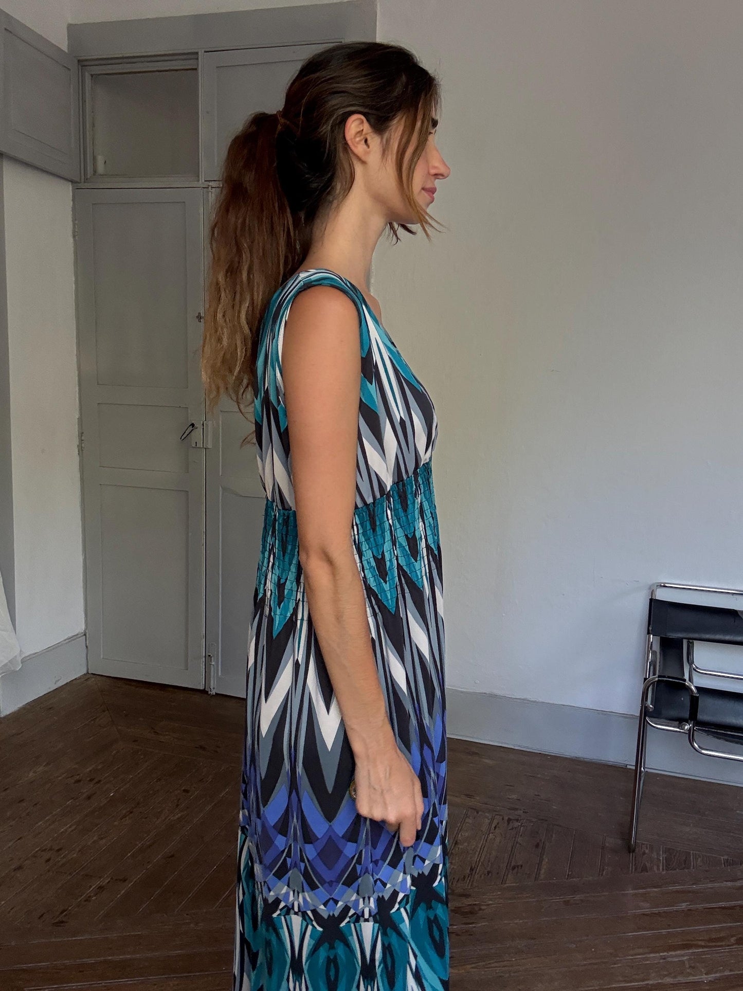 Bold Print Sleeveless Maxi Dress – 70s Boho Resort Glam – Drew Barrymore Style – Size L/XL