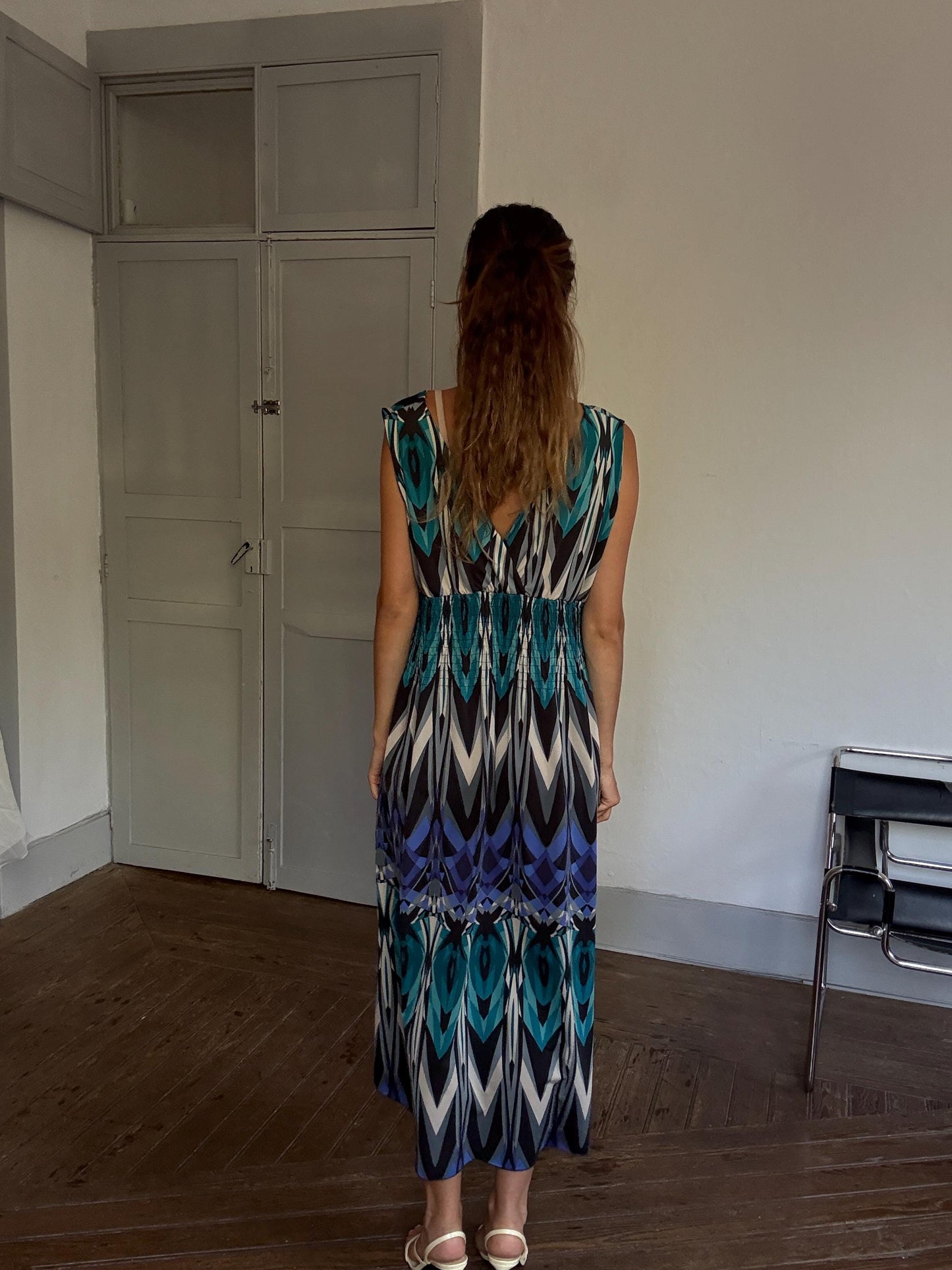 Bold Print Sleeveless Maxi Dress – 70s Boho Resort Glam – Drew Barrymore Style – Size L/XL