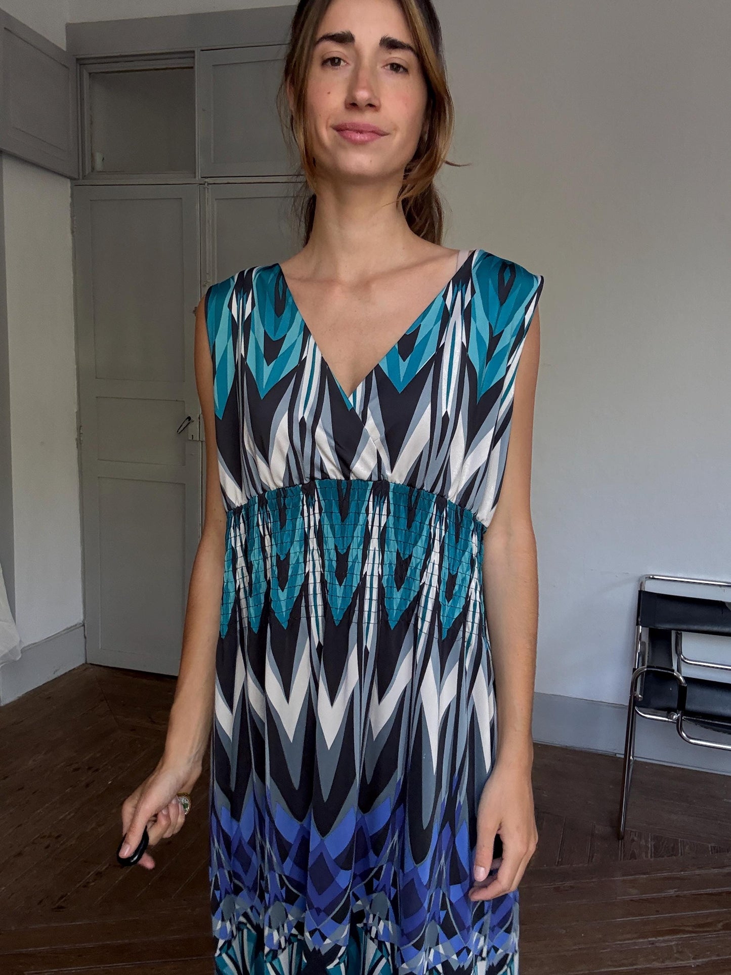 Bold Print Sleeveless Maxi Dress – 70s Boho Resort Glam – Drew Barrymore Style – Size L/XL