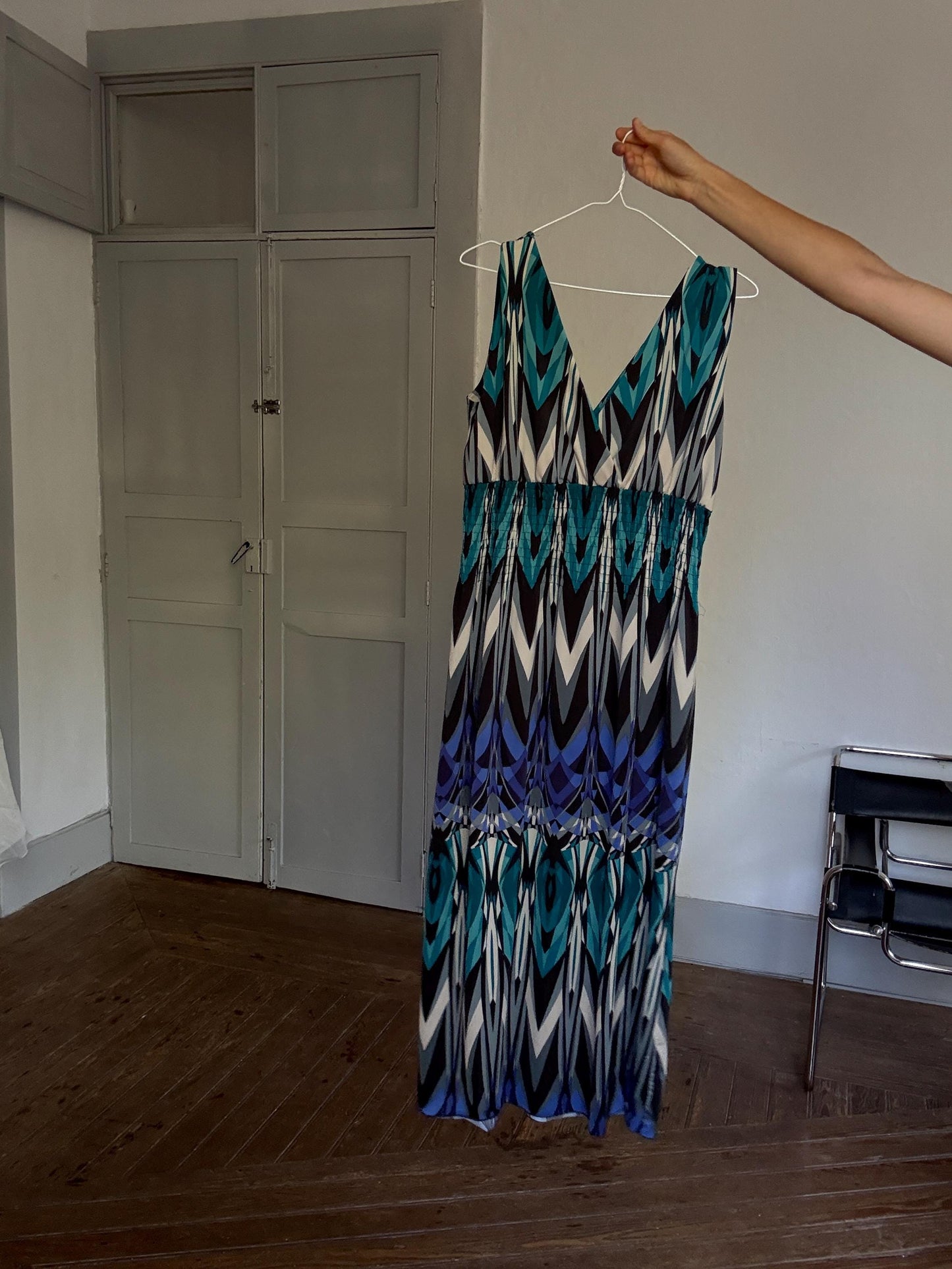 Bold Print Sleeveless Maxi Dress – 70s Boho Resort Glam – Drew Barrymore Style – Size L/XL