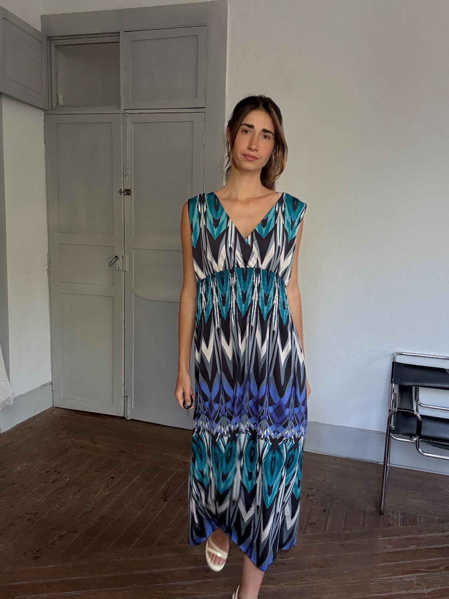 Bold Print Sleeveless Maxi Dress – 70s Boho Resort Glam – Drew Barrymore Style – Size L/XL