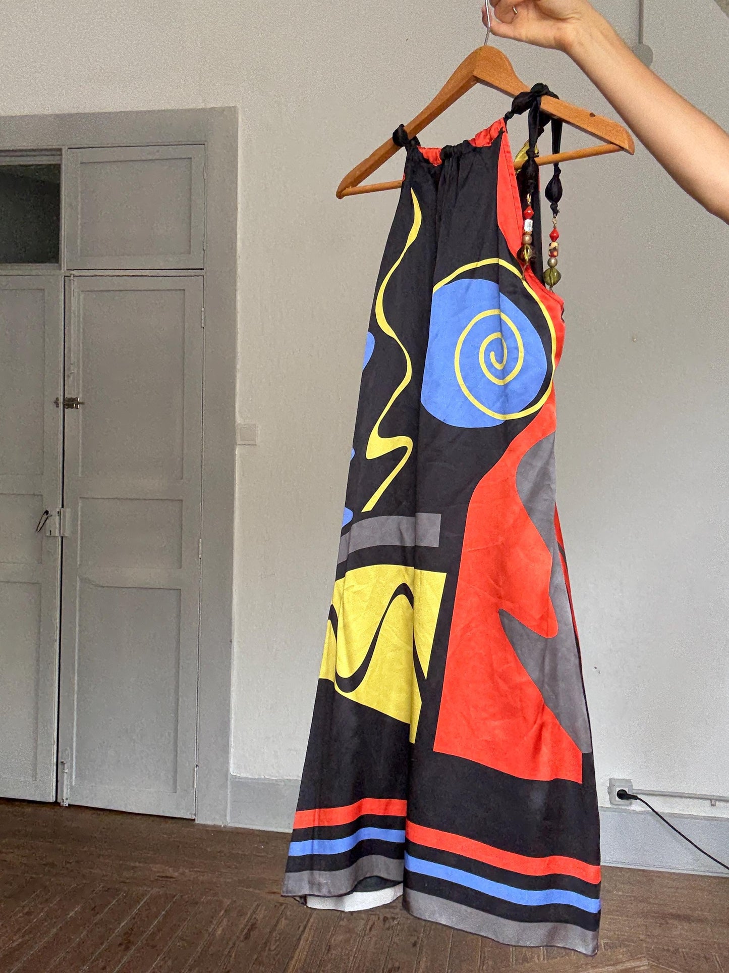 Brunella 100% silk halter mini dress with abstract art print & beaded straps – bold boho look, made in Spain