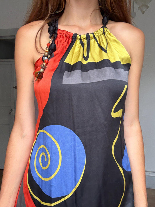Brunella 100% silk halter mini dress with abstract art print & beaded straps – bold boho look, made in Spain
