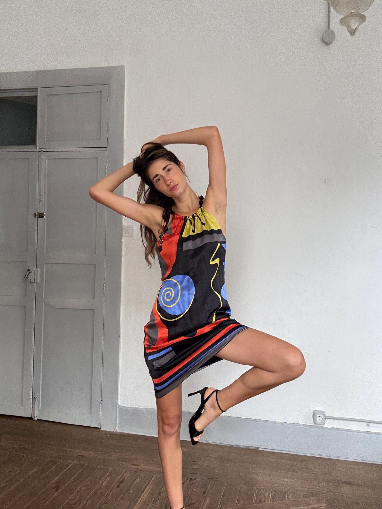 Brunella 100% silk halter mini dress with abstract art print & beaded straps – bold boho look, made in Spain