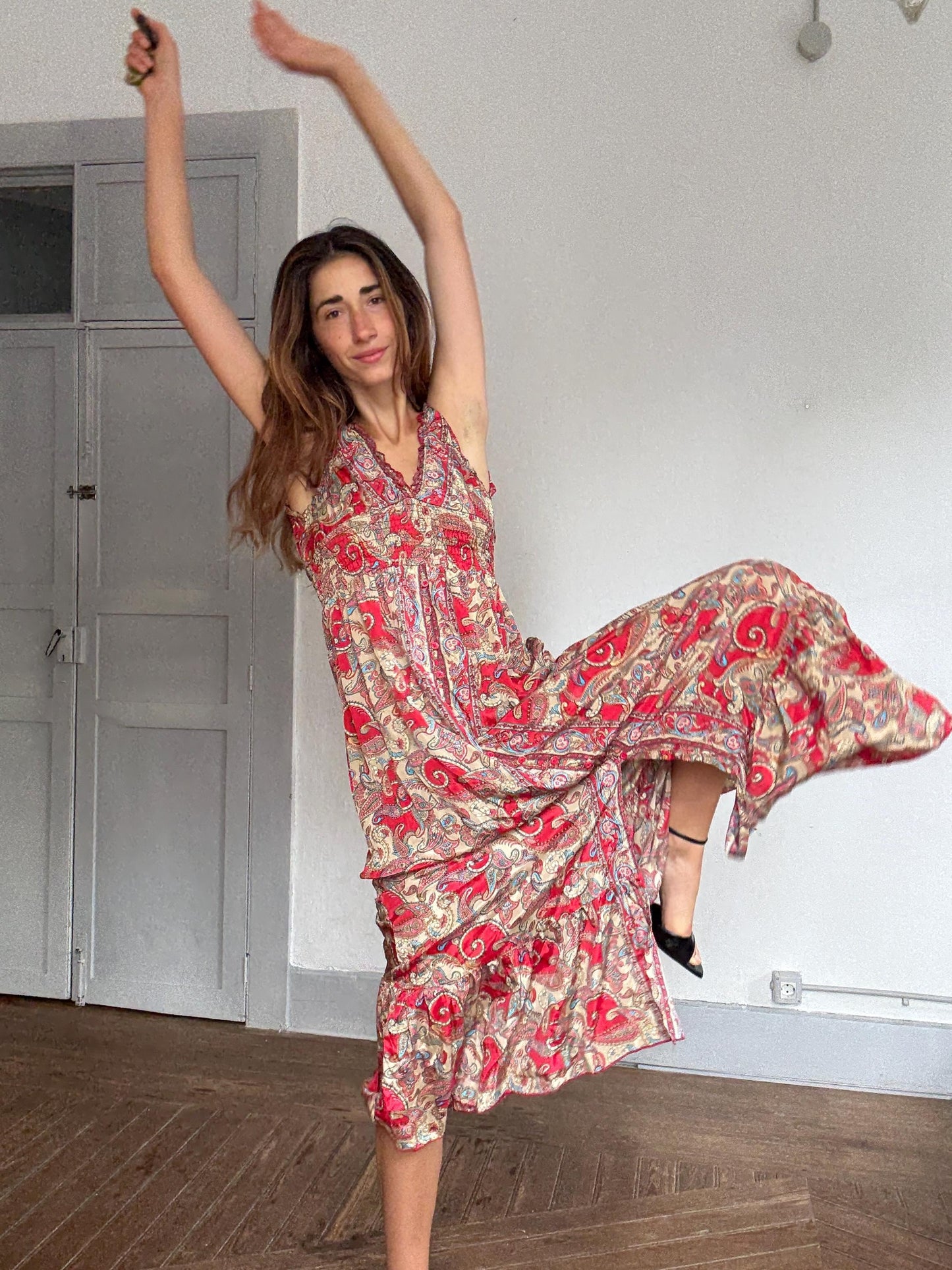 Boho silk maxi dress – paisley dream fit for Coachella & cottagecore queens, Size XS - S
