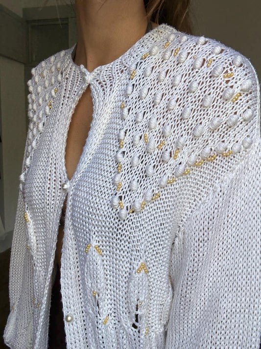 Vintage White Hand-Knitted Cardigan – Cottagecore Pearl Beaded Vest, Popcorn Stitch Knitwear, Pearl Button Closure, Boho Grannycore Layer