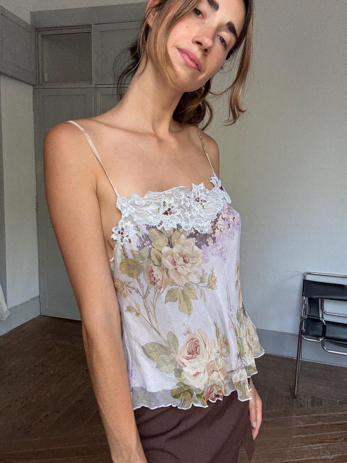 Vintage Renato Nucci Silk Camisole – Floral Lace Trim Lingerie Top, Y2K Nightwear, Romantic 2000s Cami, Delicate Sheer Slip Tank
