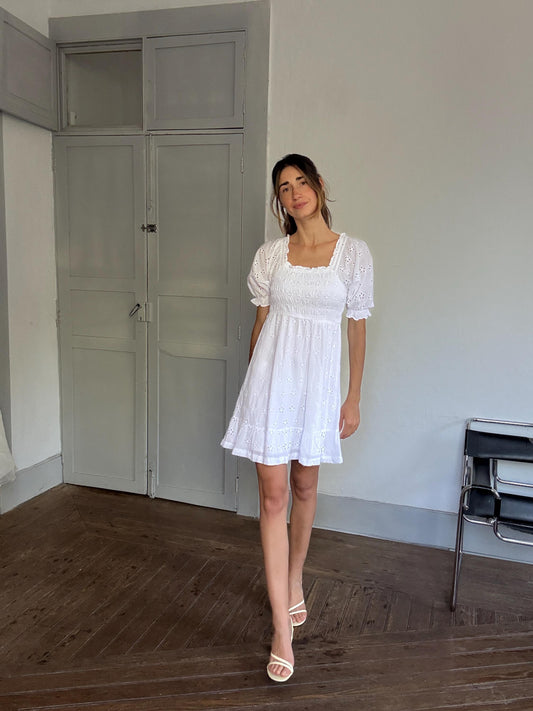 White Eyelet Cotton Summer Dress – Romantic Puff Sleeve Dress, 100% Cotton, Vintage-Style Cottagecore Holiday Dress, Size S