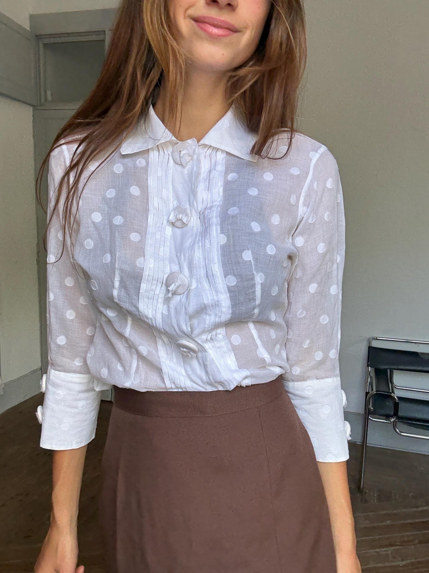 Vintage Polka Dot Blouse by Purificación García, Sheer Cotton Button Down | Sofia Coppola Aesthetic, Size M