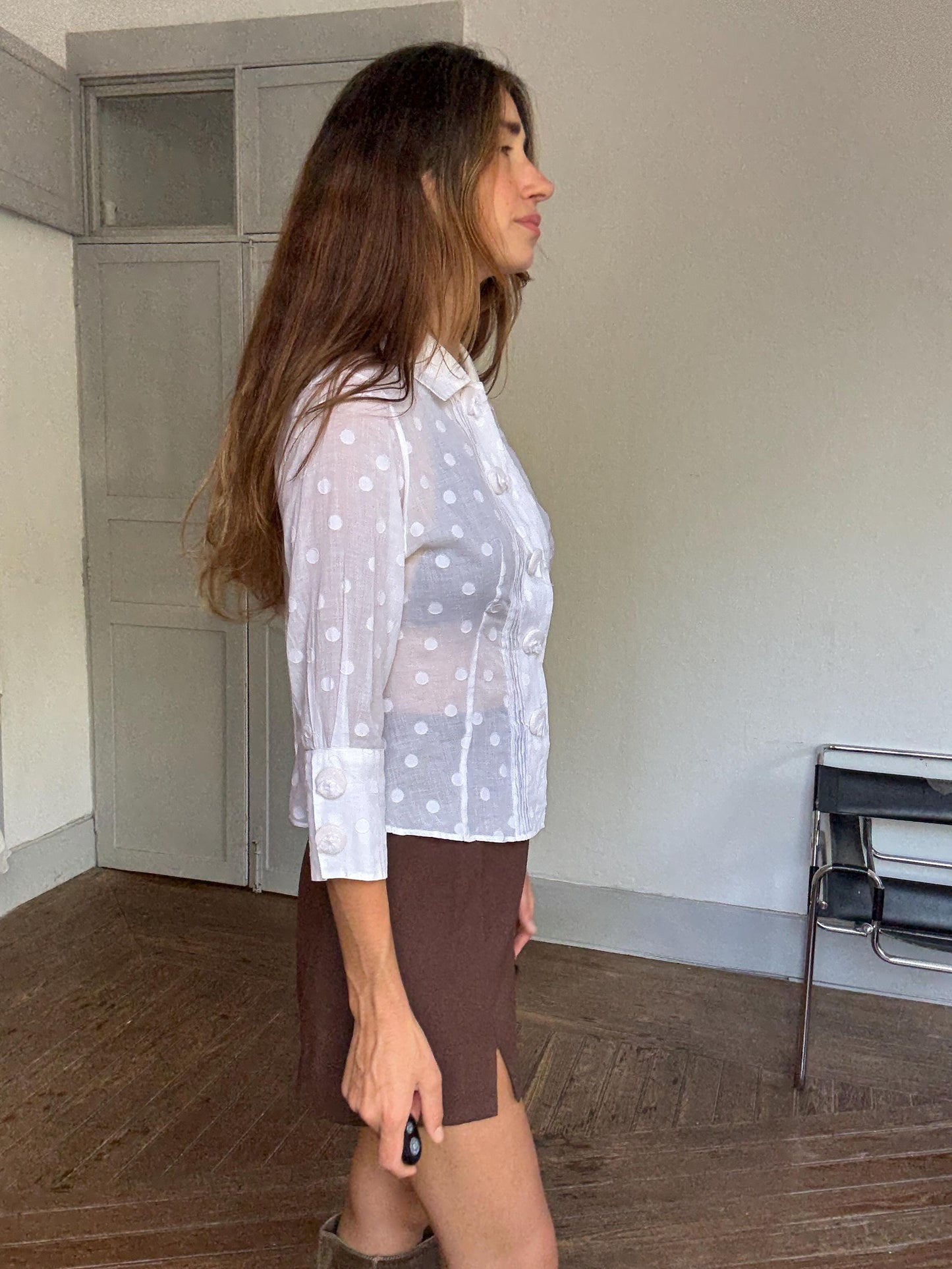 Vintage Polka Dot Blouse by Purificación García, Sheer Cotton Button Down | Sofia Coppola Aesthetic, Size M