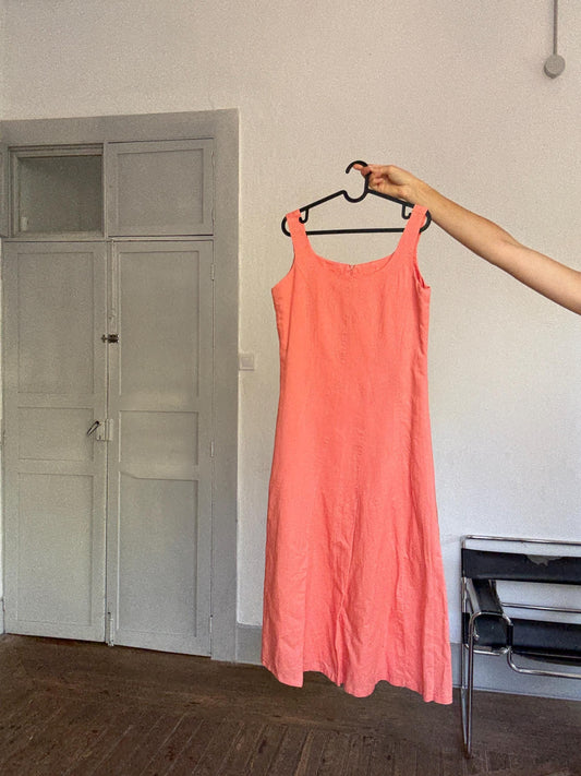 Vintage Coral Sundress, 90s Ramie Cotton Midi | Cottagecore Summer Dress | Size L