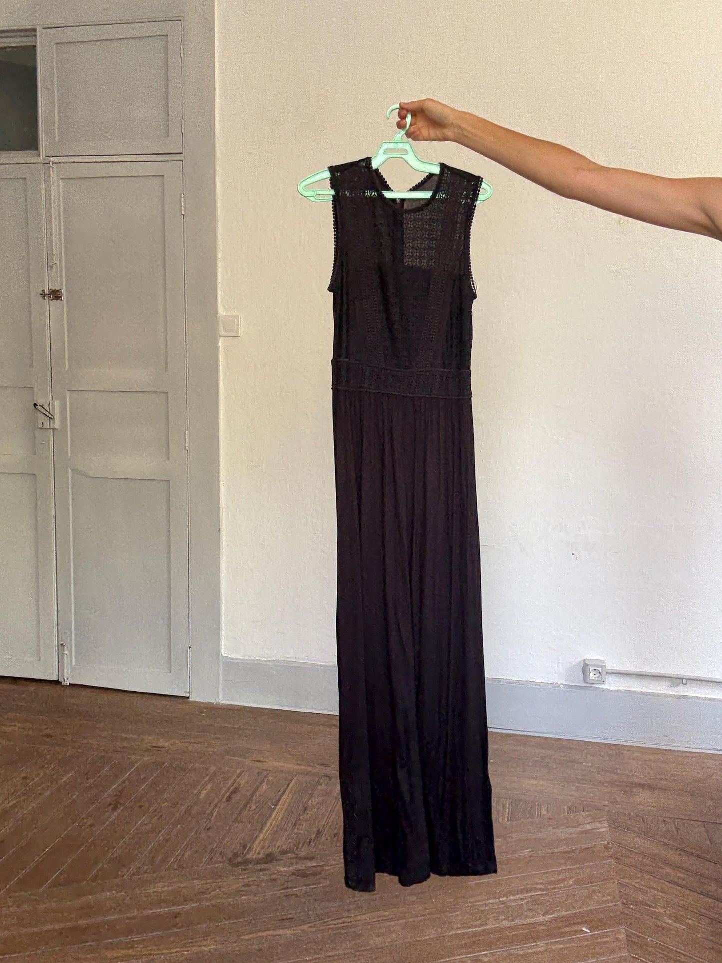 Black midi dress with lace crochet bodice, back zip & draped viscose skirt, boho chic evening look, breathable and flattering