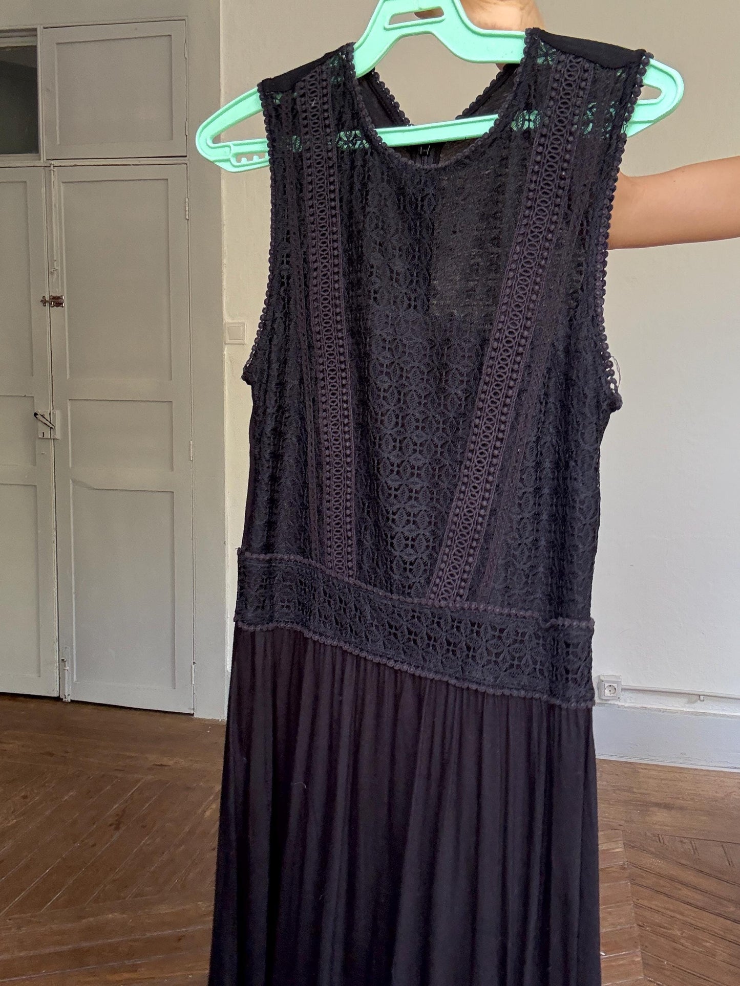 Black midi dress with lace crochet bodice, back zip & draped viscose skirt, boho chic evening look, breathable and flattering