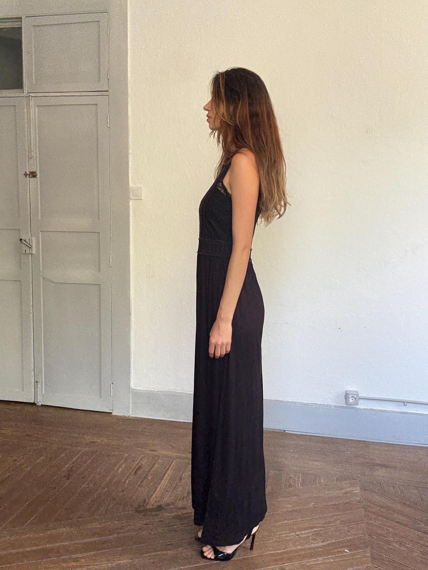 Black midi dress with lace crochet bodice, back zip & draped viscose skirt, boho chic evening look, breathable and flattering