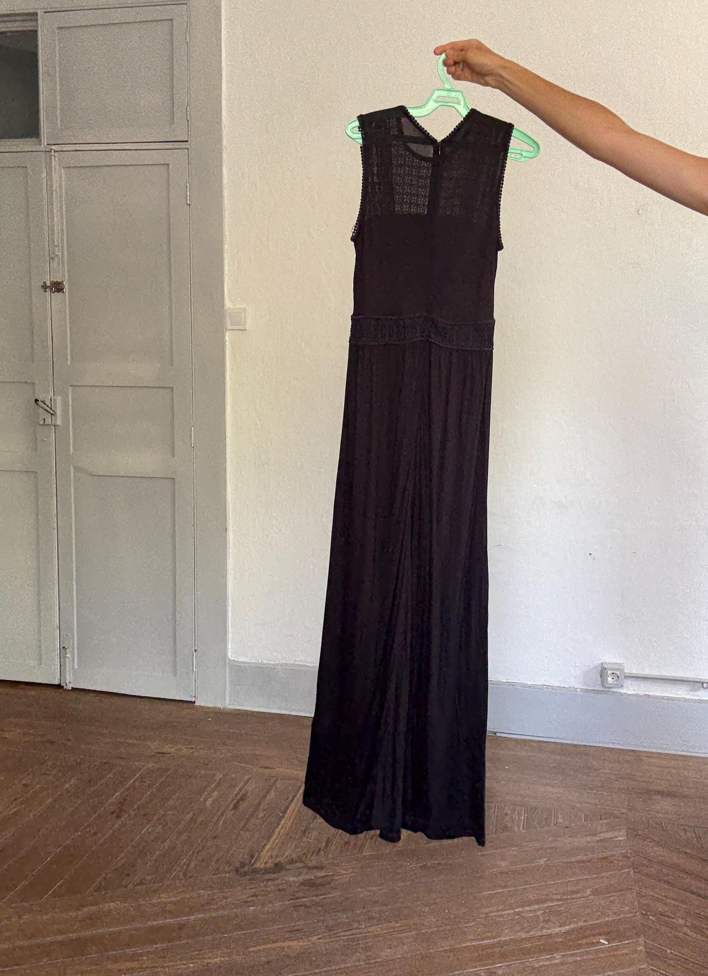 Black midi dress with lace crochet bodice, back zip & draped viscose skirt, boho chic evening look, breathable and flattering