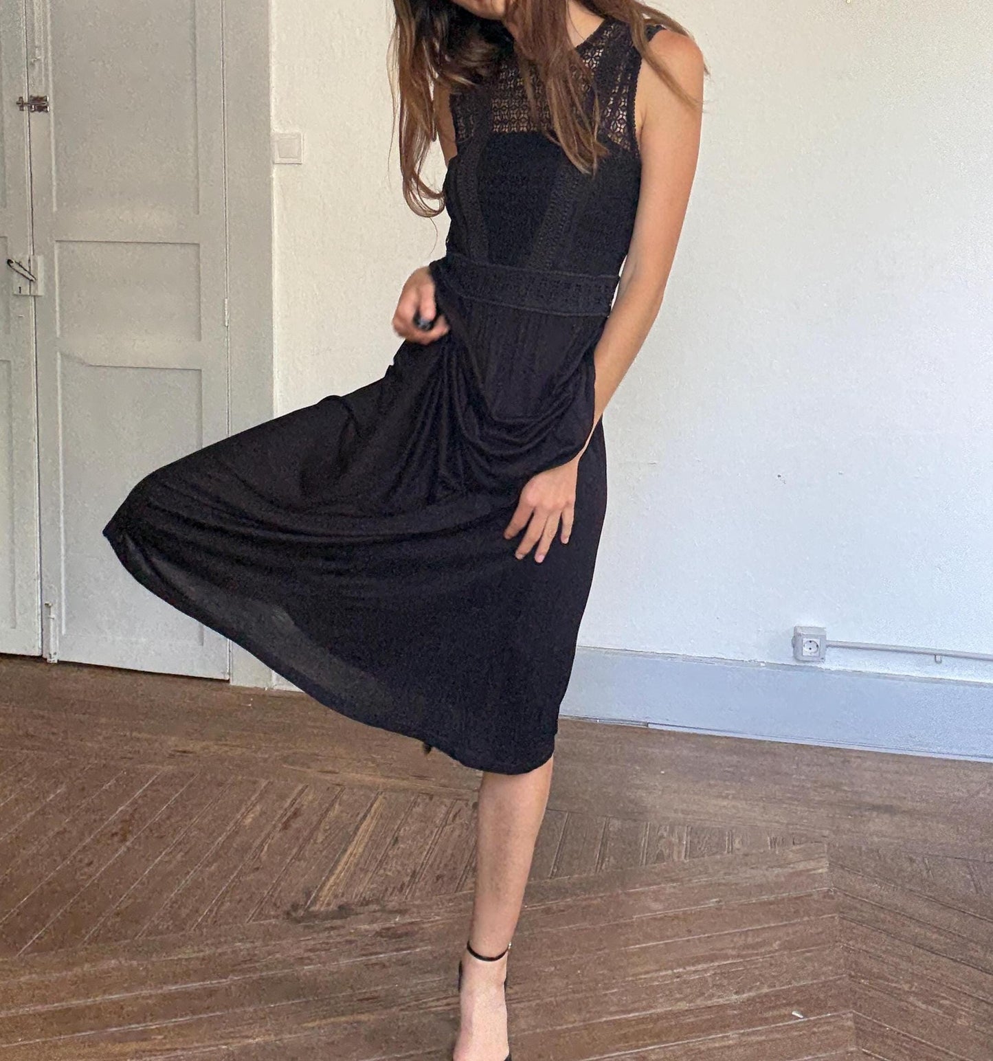 Black midi dress with lace crochet bodice, back zip & draped viscose skirt, boho chic evening look, breathable and flattering