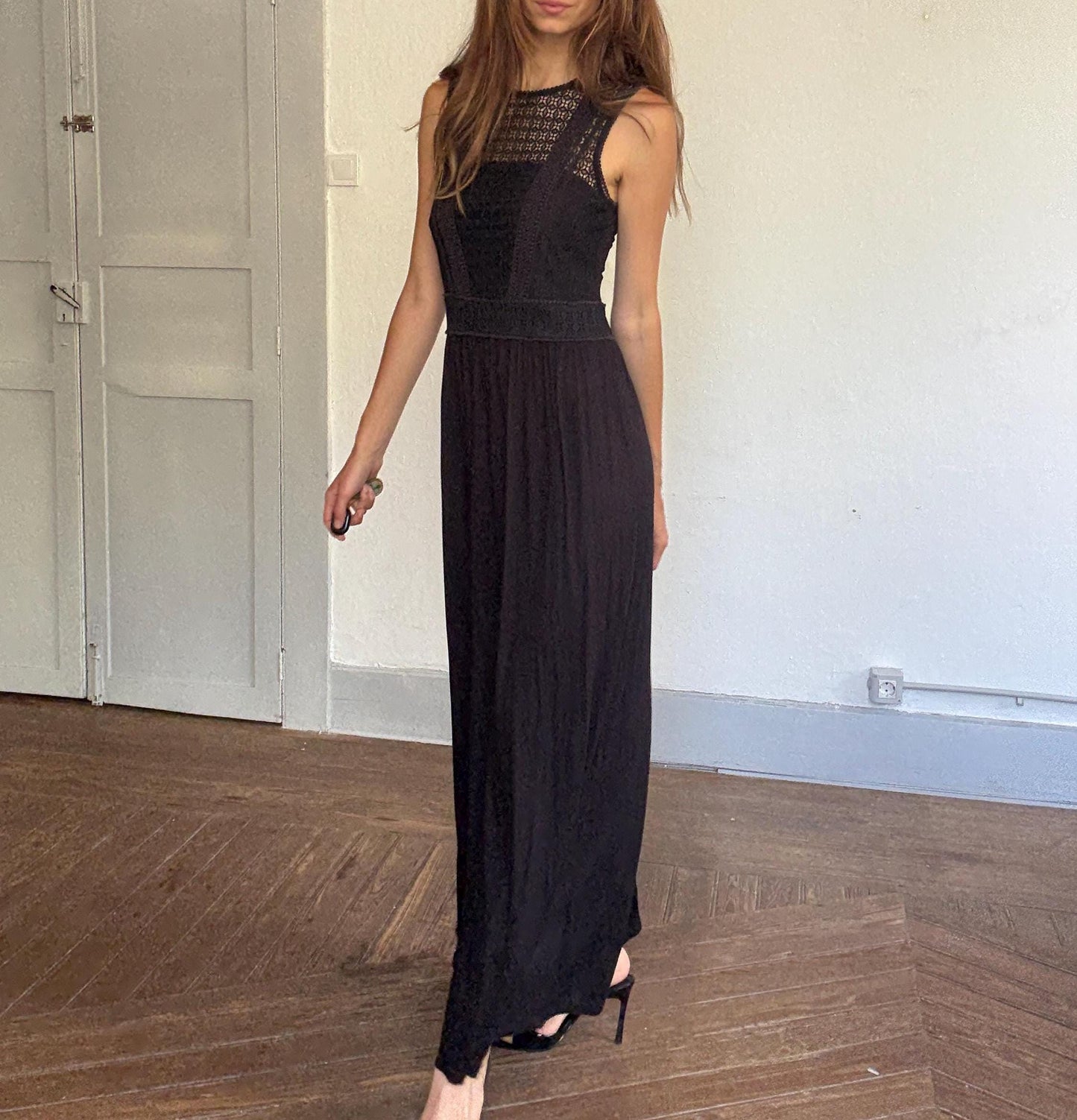 Black midi dress with lace crochet bodice, back zip & draped viscose skirt, boho chic evening look, breathable and flattering