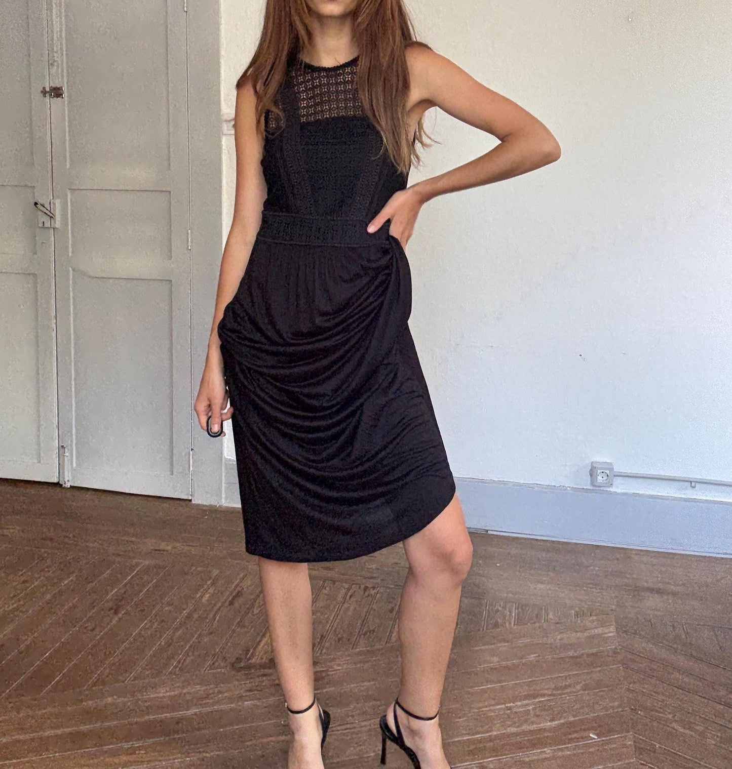Black midi dress with lace crochet bodice, back zip & draped viscose skirt, boho chic evening look, breathable and flattering