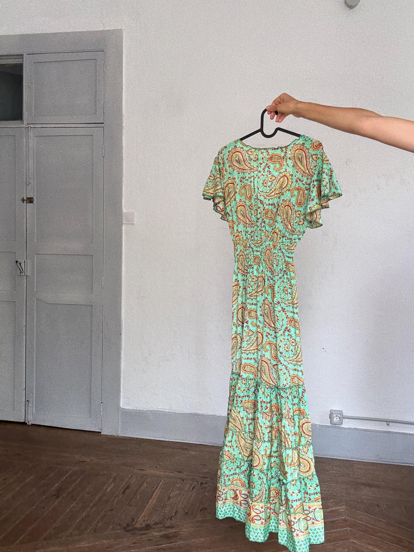 Boho Green Paisley Maxi Dress – Cottagecore Wedding Guest or Mamma Mia Summer Look, Size s