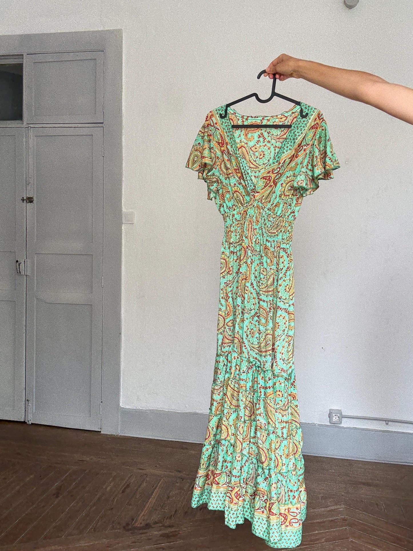 Boho Green Paisley Maxi Dress – Cottagecore Wedding Guest or Mamma Mia Summer Look, Size s