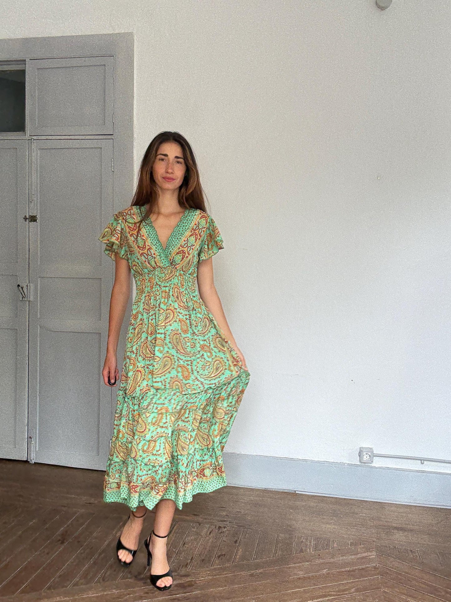 Boho Green Paisley Maxi Dress – Cottagecore Wedding Guest or Mamma Mia Summer Look, Size s