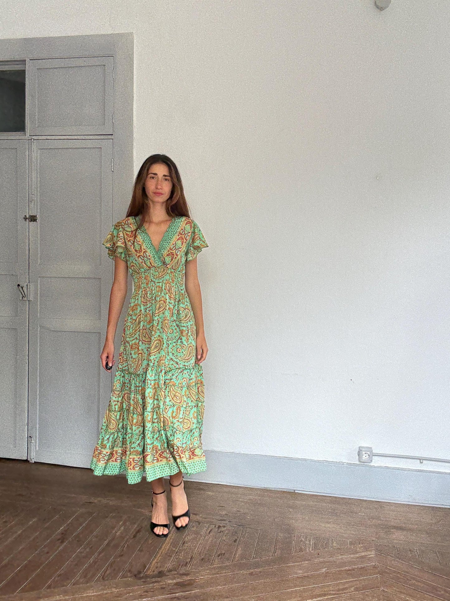 Boho Green Paisley Maxi Dress – Cottagecore Wedding Guest or Mamma Mia Summer Look, Size s