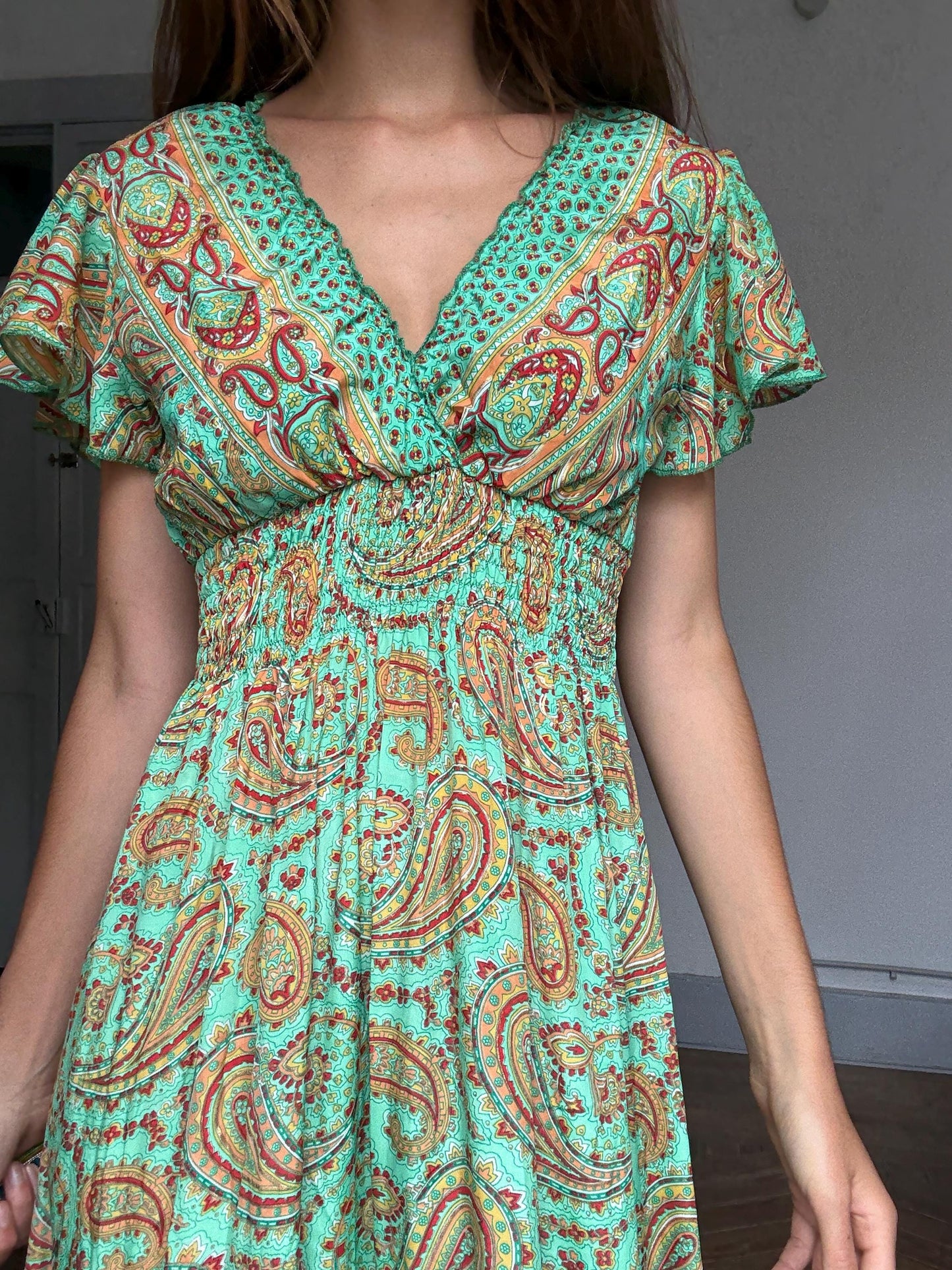 Boho Green Paisley Maxi Dress – Cottagecore Wedding Guest or Mamma Mia Summer Look, Size s