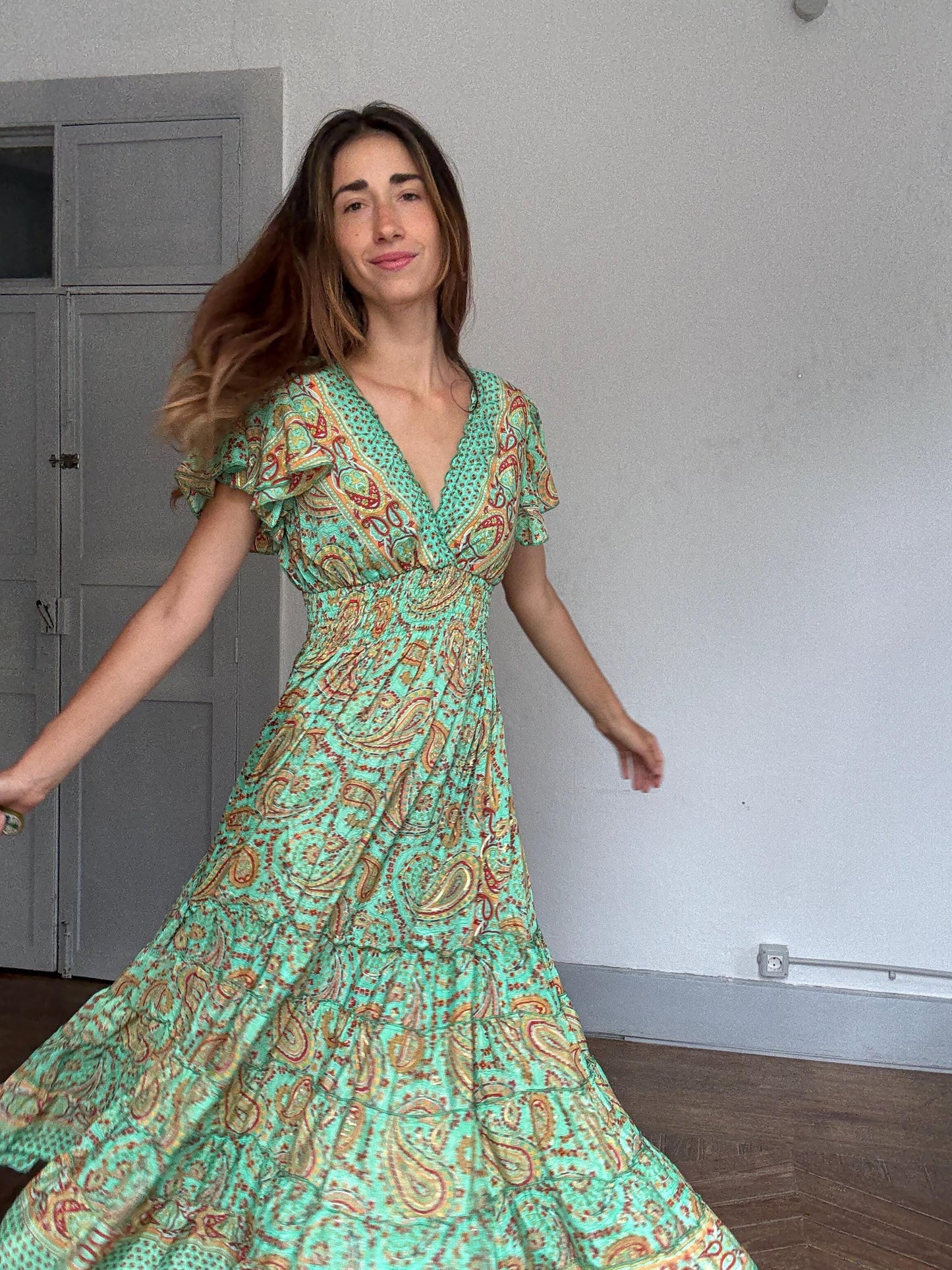 Boho Green Paisley Maxi Dress – Cottagecore Wedding Guest or Mamma Mia Summer Look, Size s
