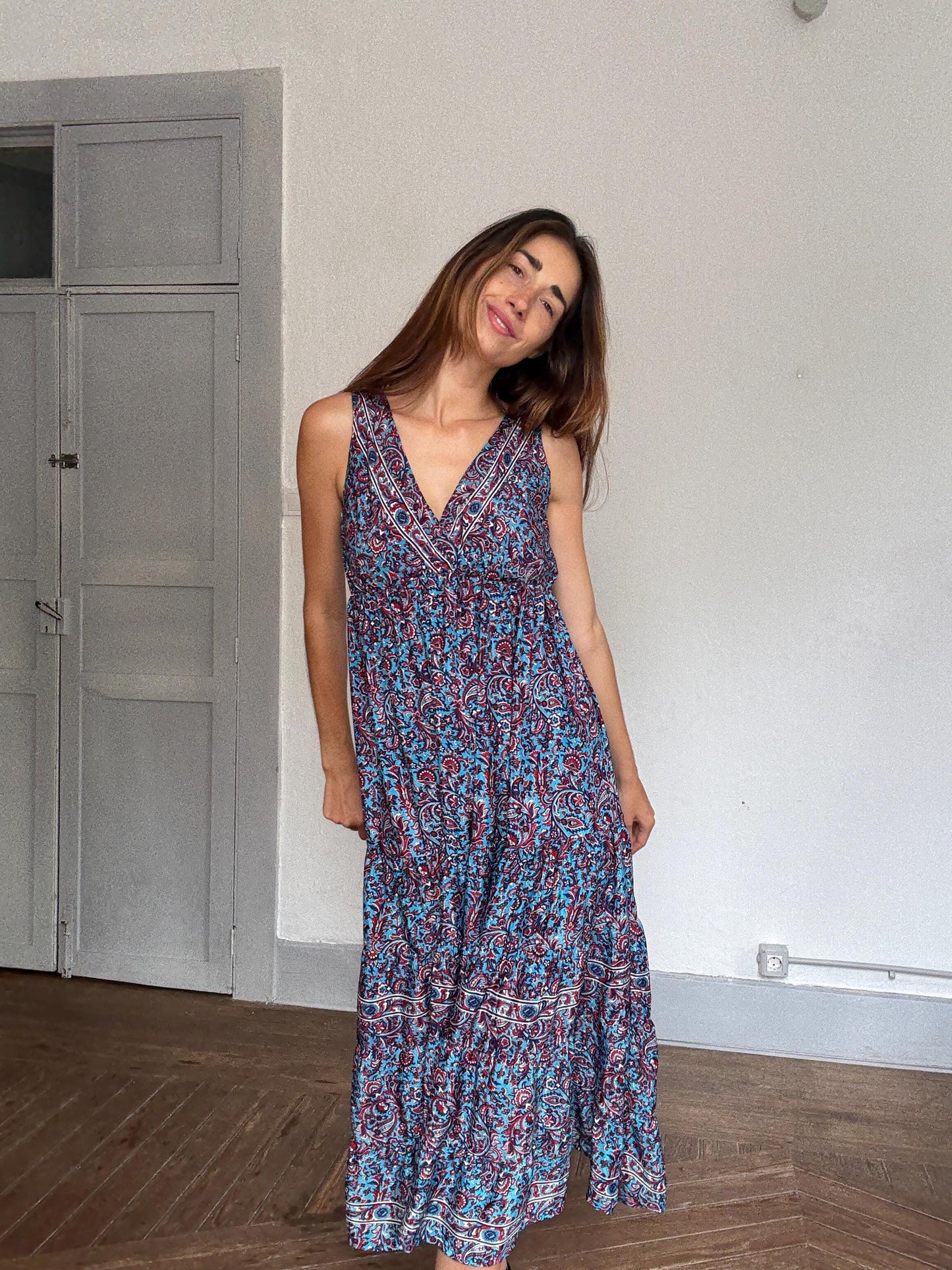 Boho Blue Paisley Maxi Dress – Indie Aesthetic Summer Festival Look,