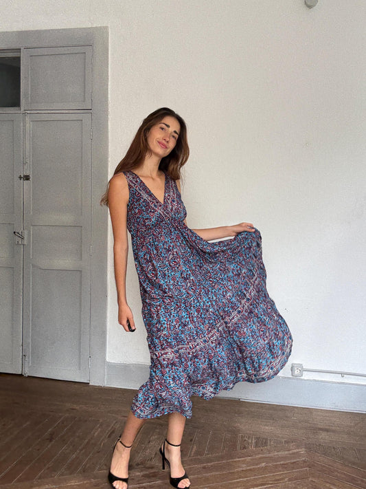 Boho Blue Paisley Maxi Dress – Indie Aesthetic Summer Festival Look,