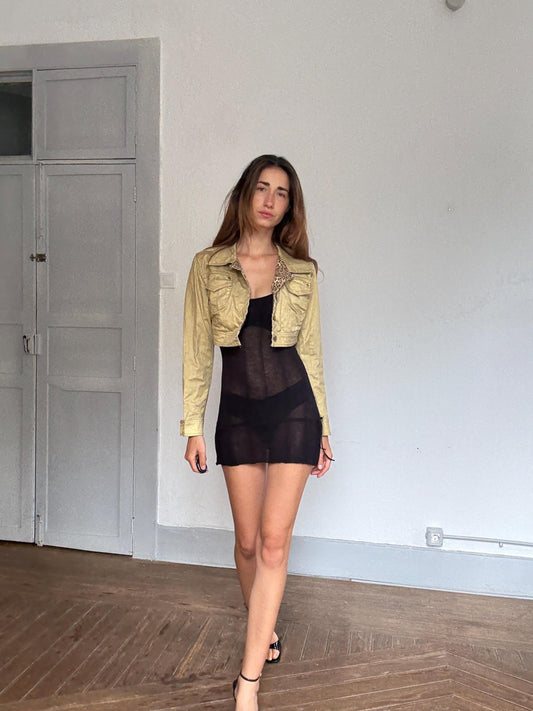 Y2K Gold Cropped Jacket with Leopard Lining – Paris Hilton Meets Euphoria Vibes, Cute sexy gold and leopard print mini woman coat, Size M