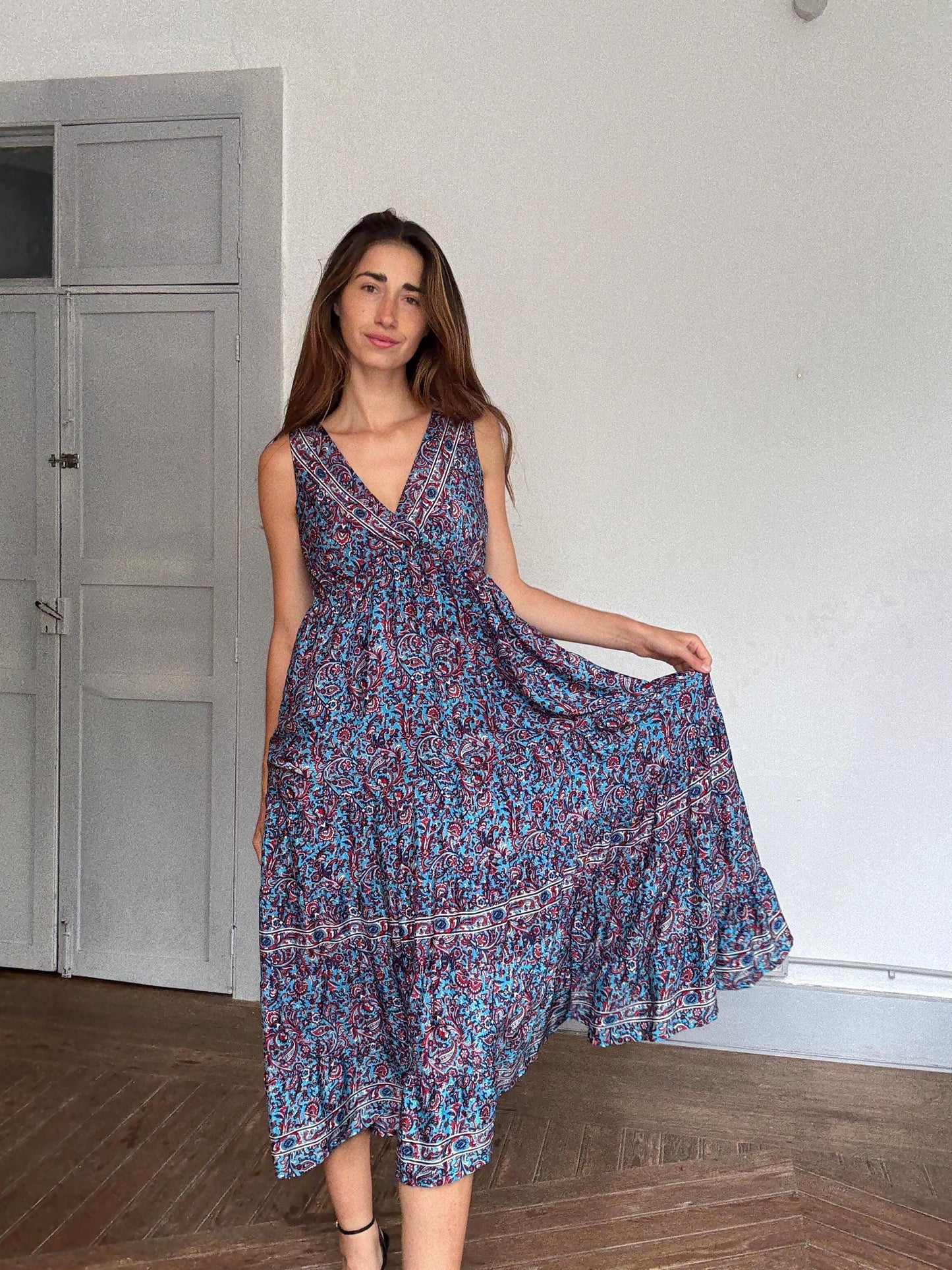 Boho Blue Paisley Maxi Dress – Indie Aesthetic Summer Festival Look,