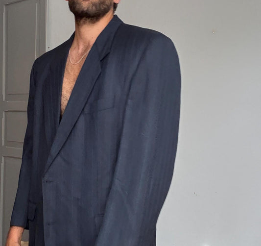 Navy Pinstripe Virgin Wool Blazer — detail
